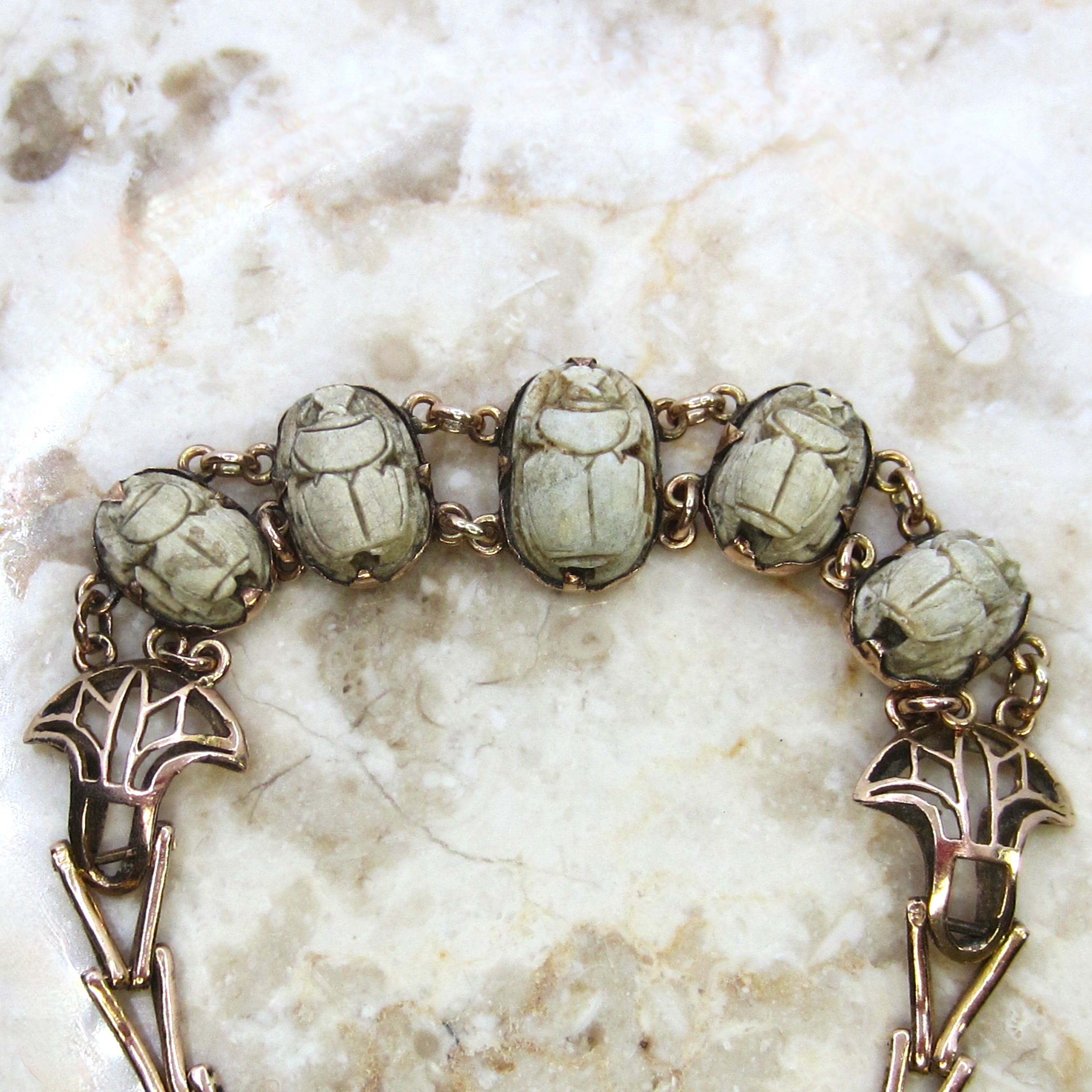 Vintage Egyptian Revival 14k Gold and Faience Scarab Bracelet Lotus Details c.1970s