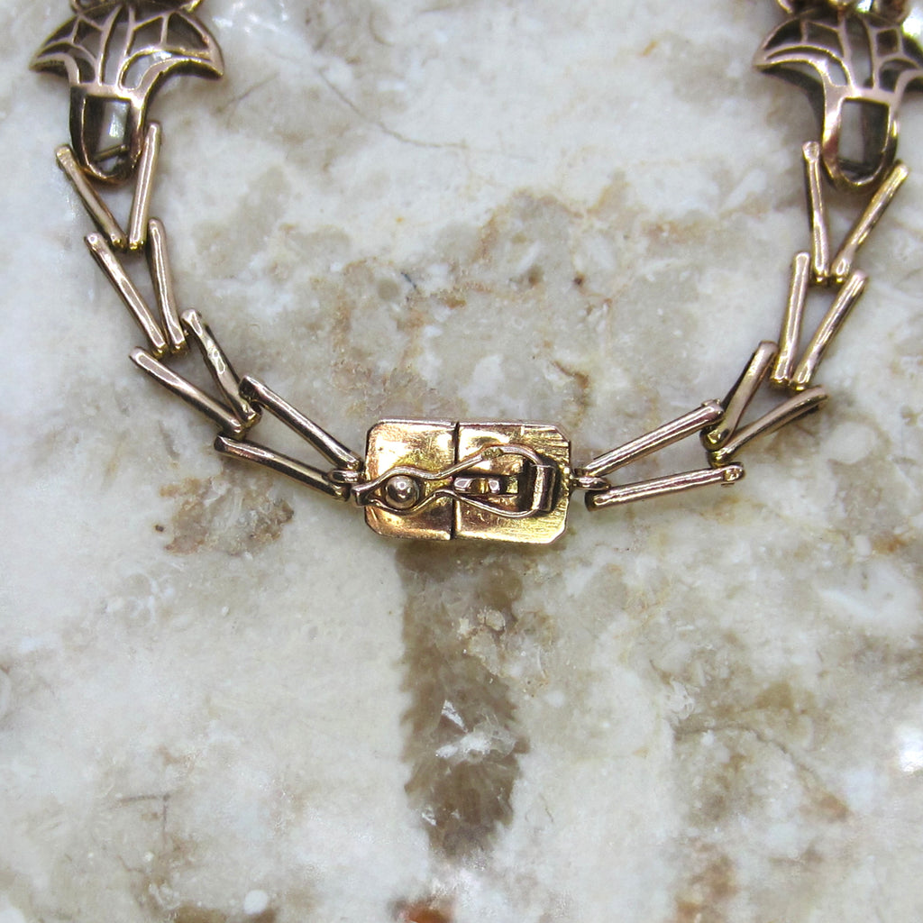 Vintage Egyptian Revival 14k Gold and Faience Scarab Bracelet Lotus Details c.1970s