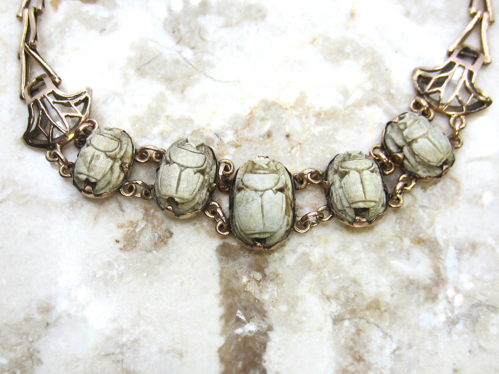 Vintage Egyptian Revival 14k Gold and Faience Scarab Bracelet Lotus Details c.1970s