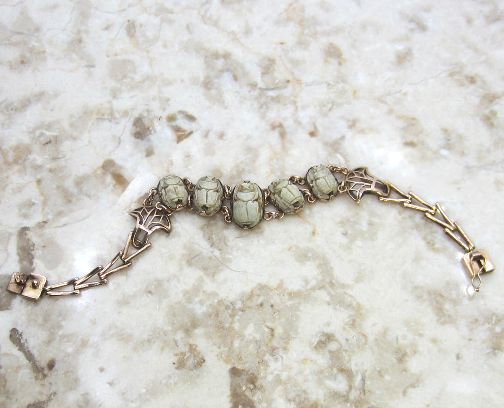 Vintage Egyptian Revival 14k Gold and Faience Scarab Bracelet Lotus Details c.1970s