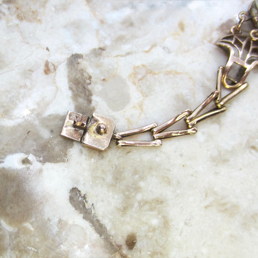 Vintage Egyptian Revival 14k Gold and Faience Scarab Bracelet Lotus Details c.1970s