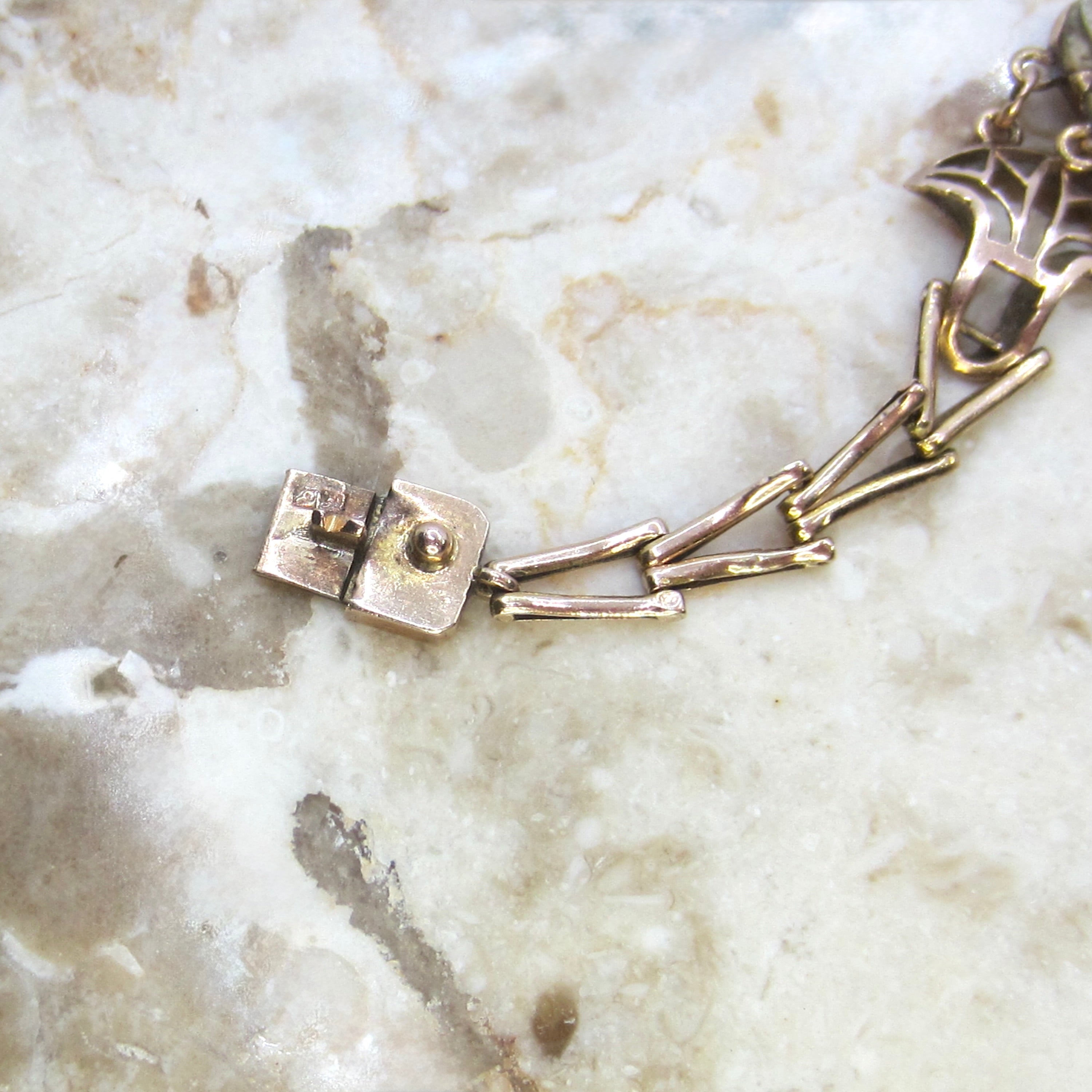 Vintage Egyptian Revival 14k Gold and Faience Scarab Bracelet Lotus Details c.1970s