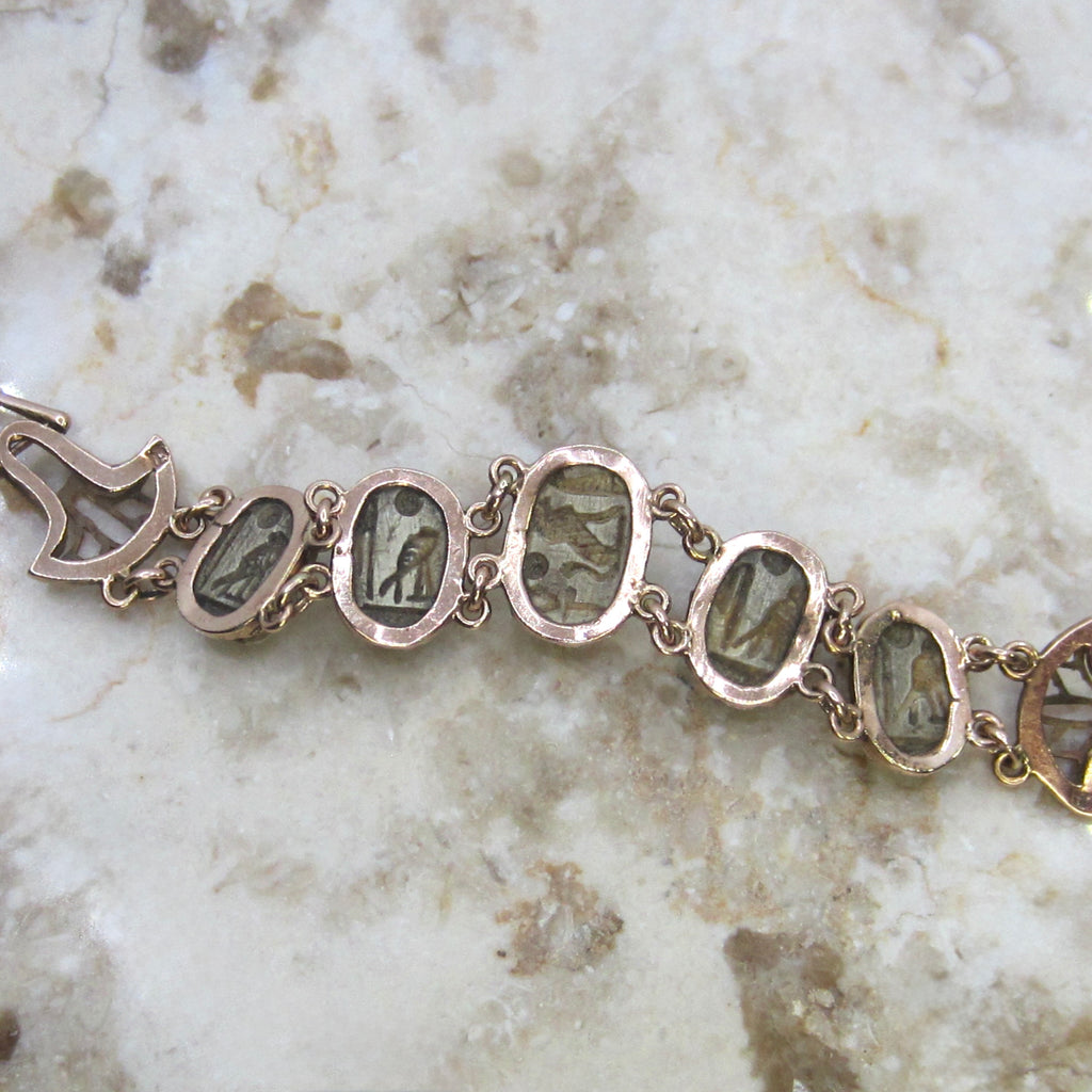 Vintage Egyptian Revival 14k Gold and Faience Scarab Bracelet Lotus Details c.1970s