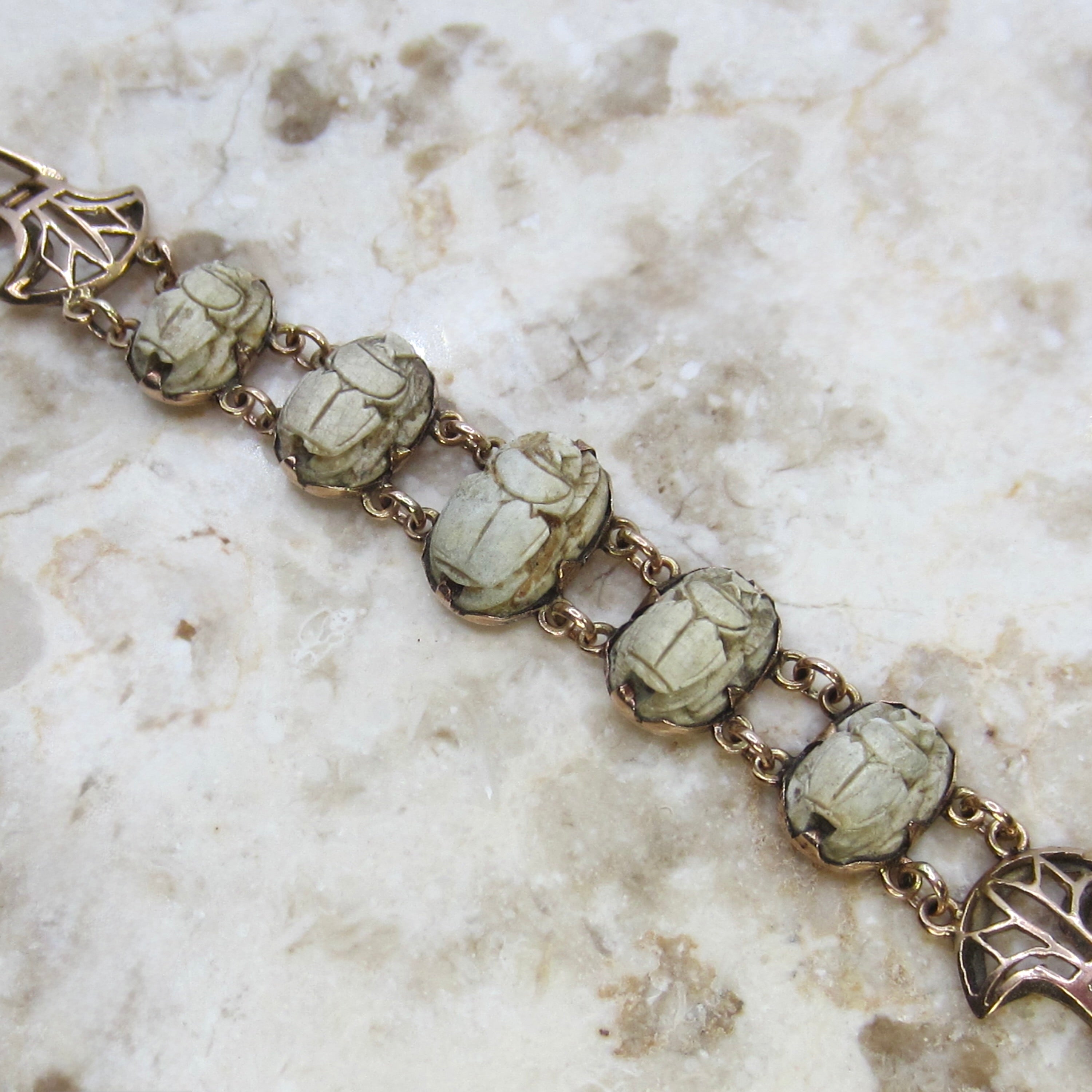 Vintage Egyptian Revival 14k Gold and Faience Scarab Bracelet Lotus Details c.1970s