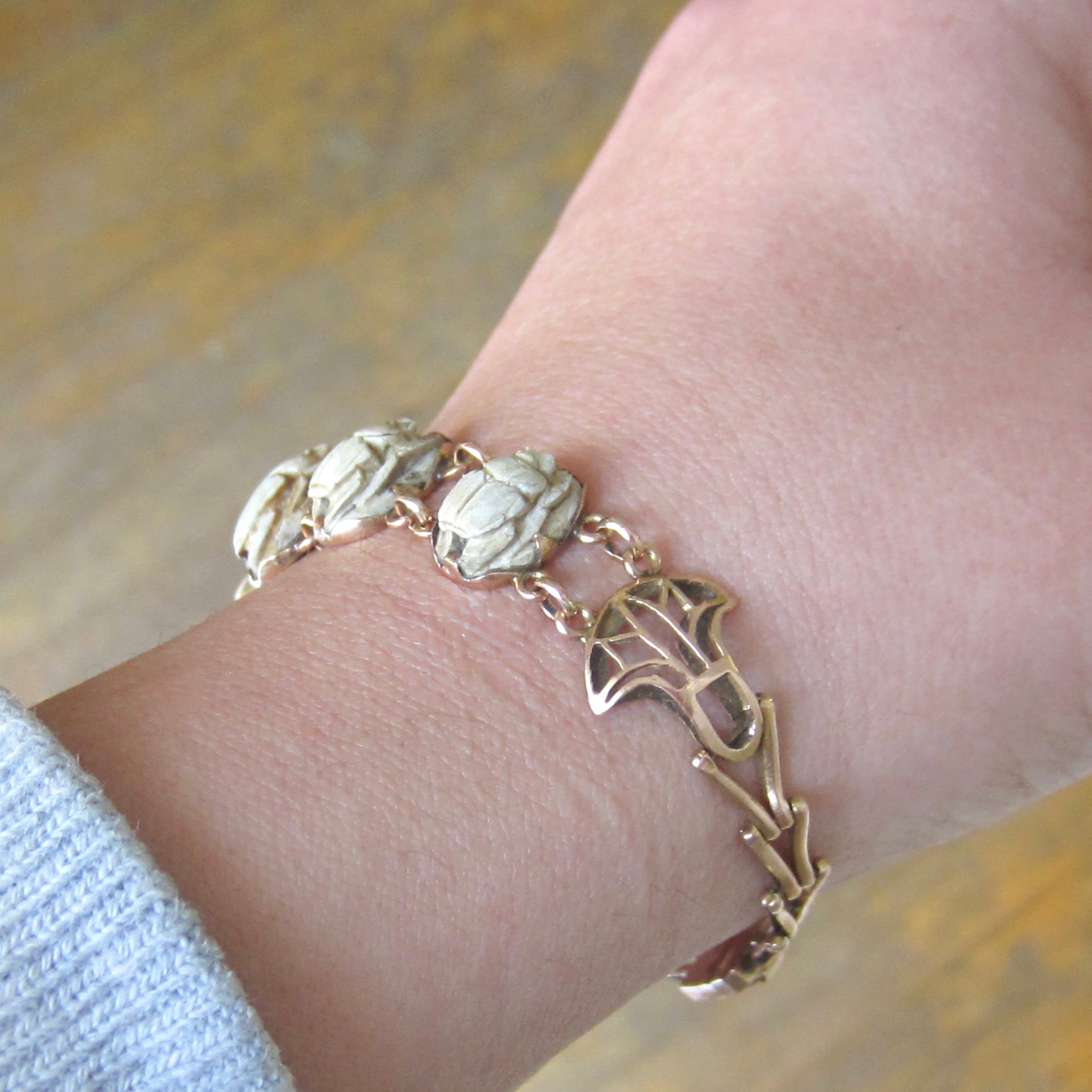 Vintage Egyptian Revival 14k Gold and Faience Scarab Bracelet Lotus Details c.1970s