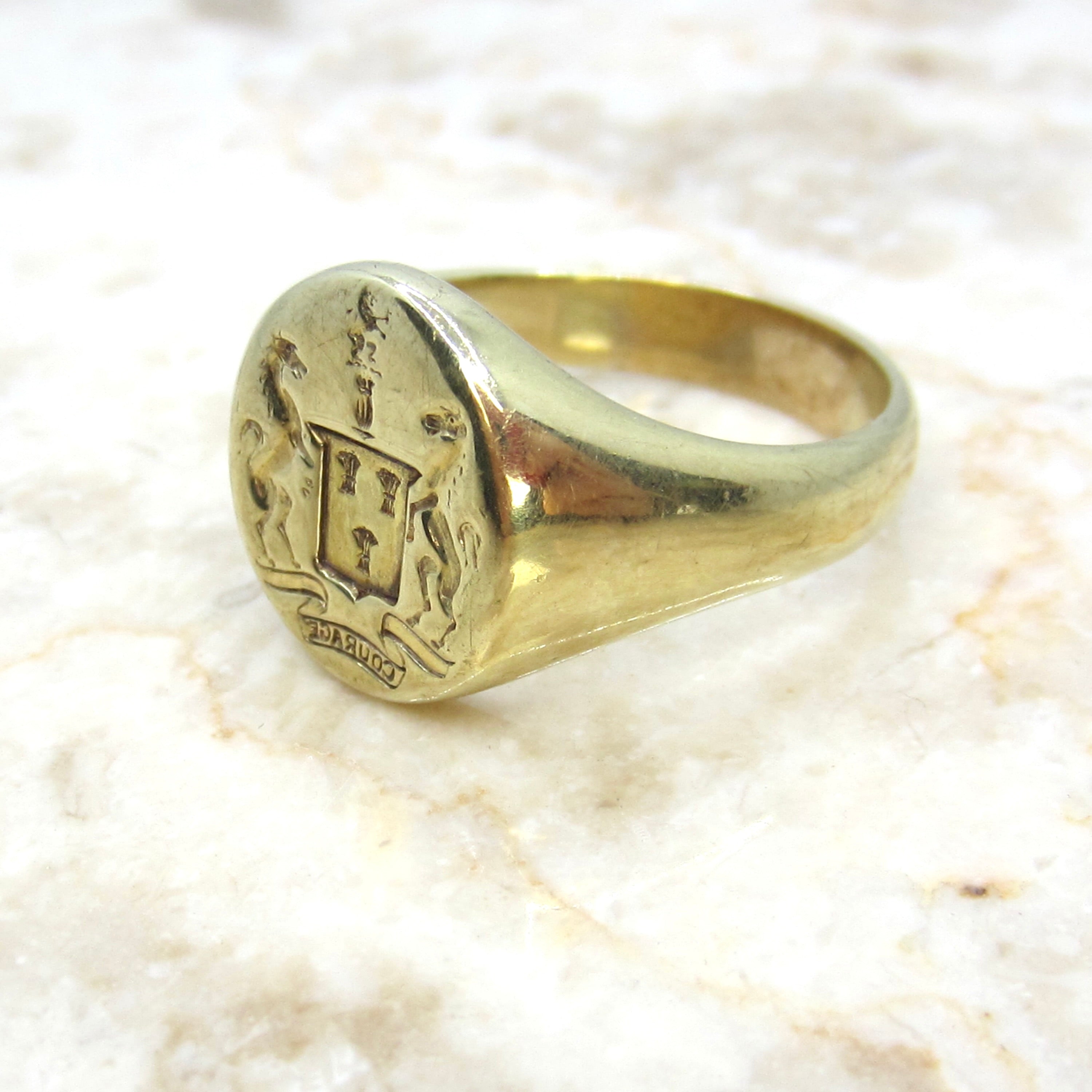 Vintage 14k gold Signet Ring COURAGE Horses Equestrian Mens Signet Ring c.1930s