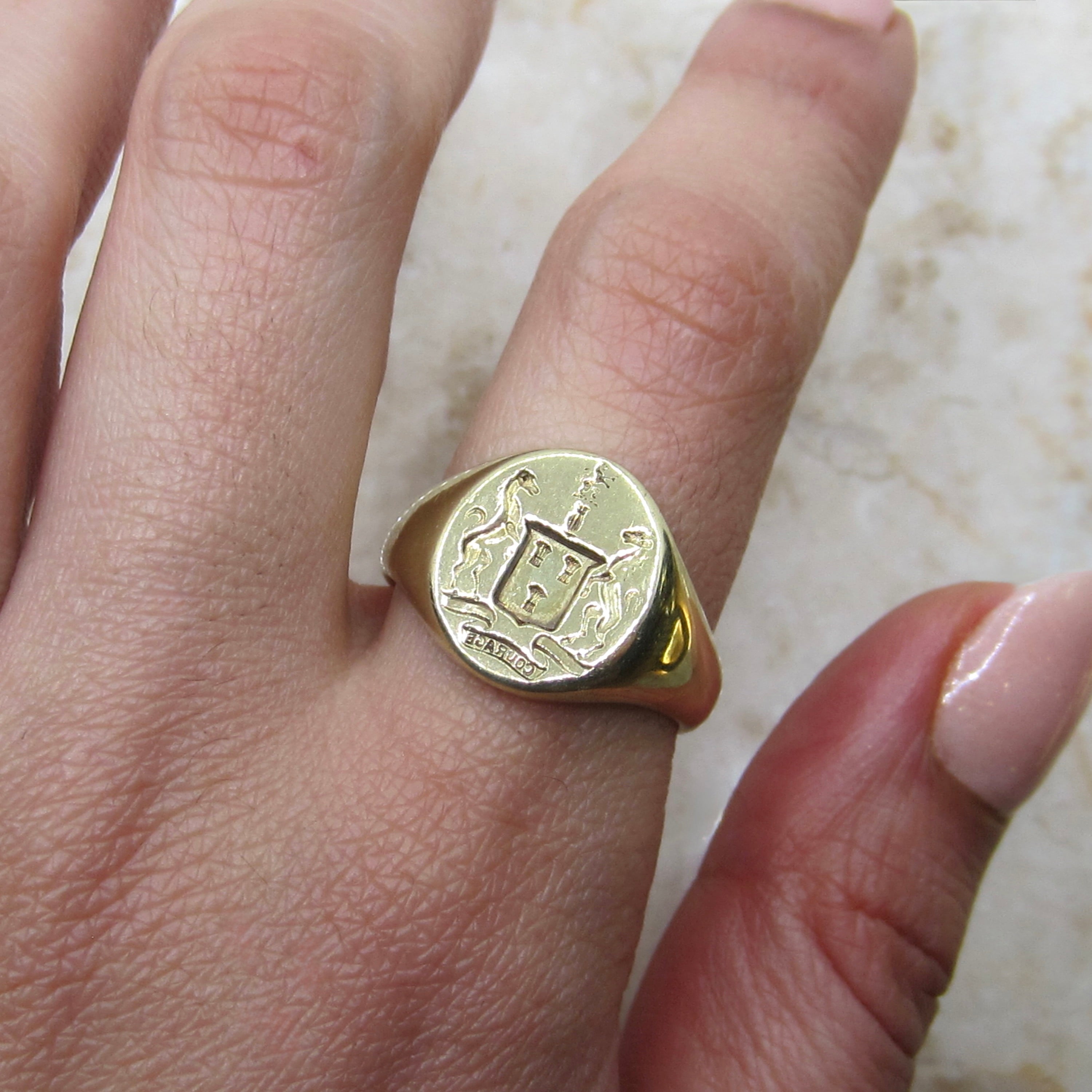 Vintage 14k gold Signet Ring COURAGE Horses Equestrian Mens Signet Ring c.1930s