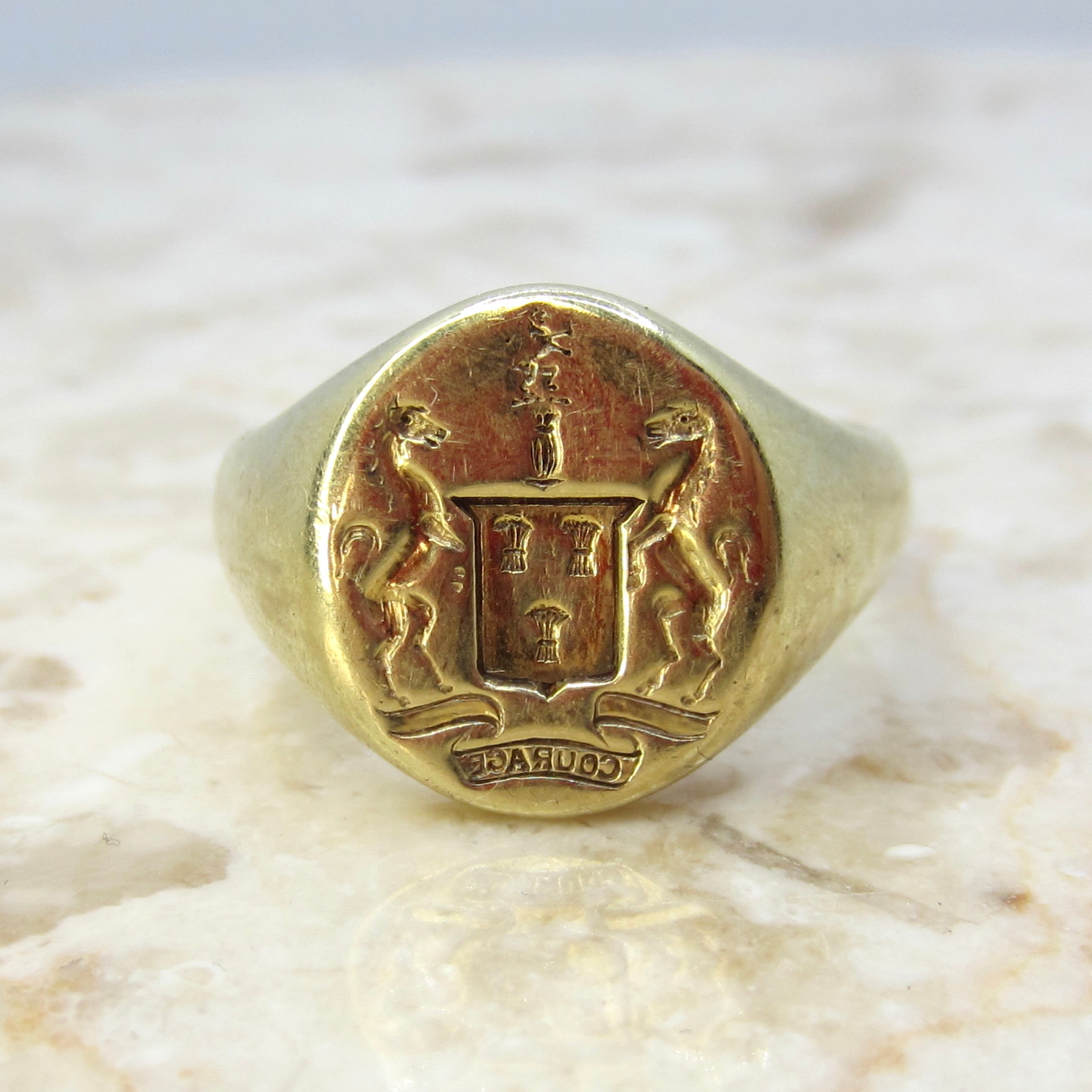 Vintage 14k gold Signet Ring COURAGE Horses Equestrian Mens Signet Ring c.1930s