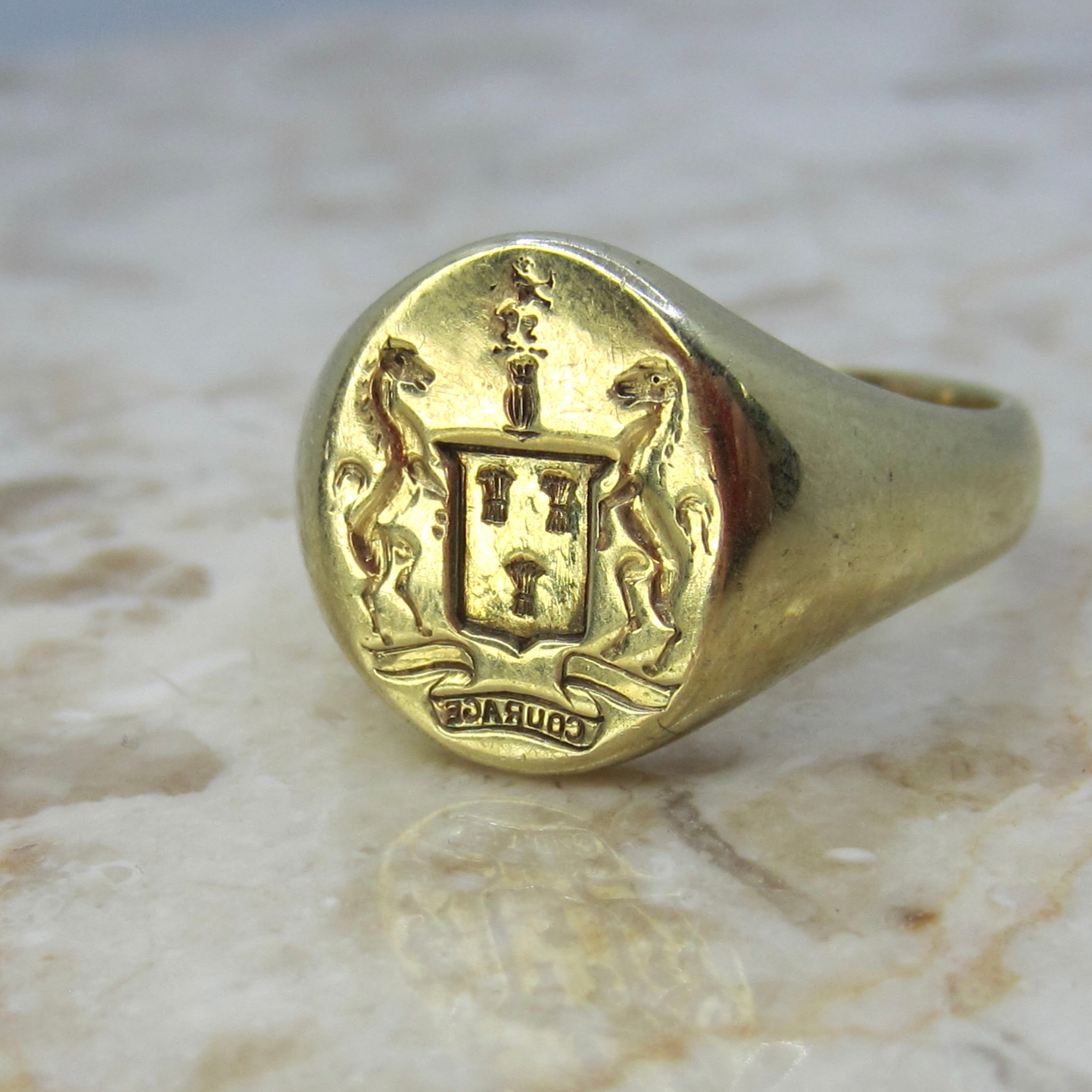 Vintage 14k gold Signet Ring COURAGE Horses Equestrian Mens Signet Ring c.1930s