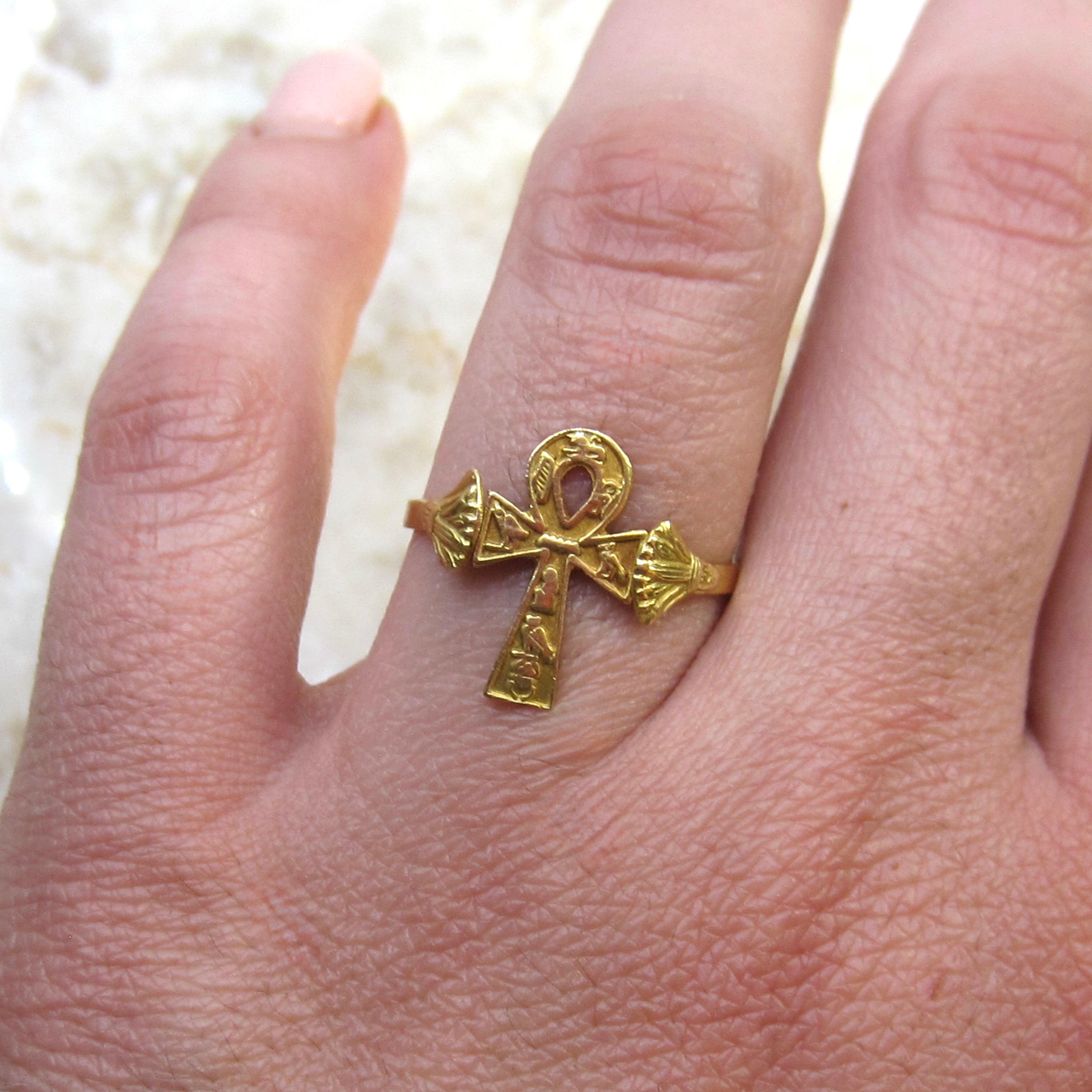 Modern Egyptian 18k Gold Ankh Ring with Hieroglyphs