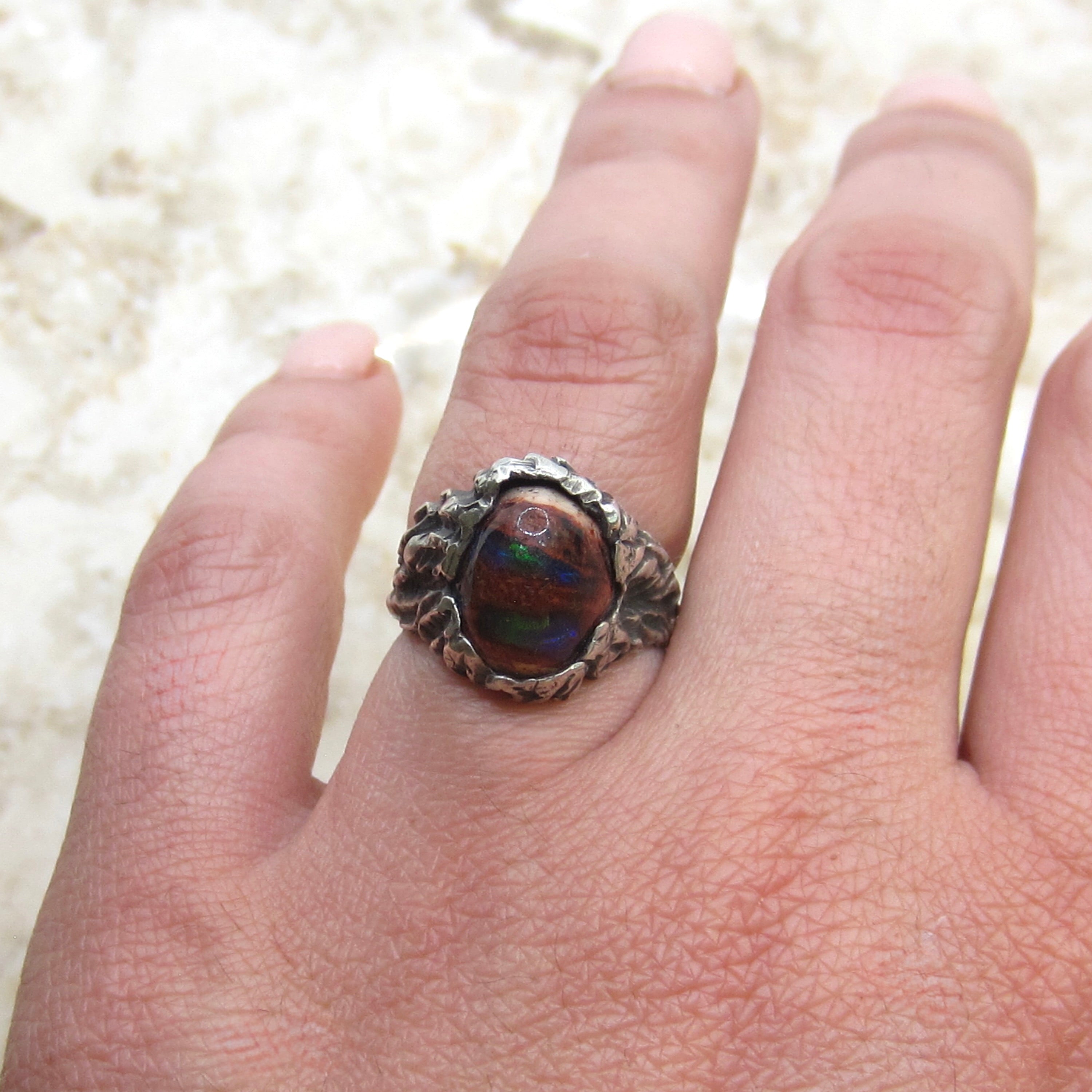 Vintage Sterling Silver Brutalist Mexican Fire Opal Ring c.1970s