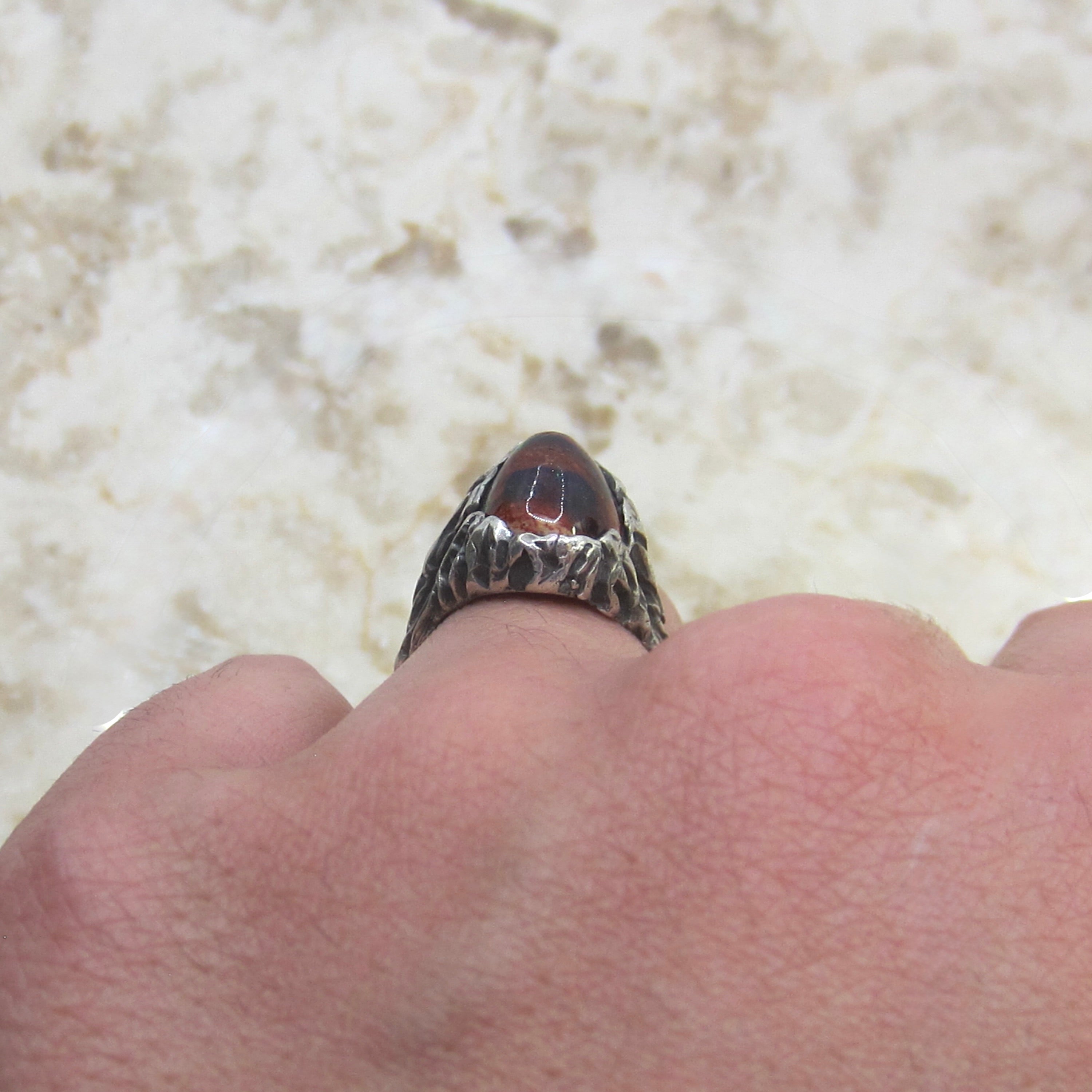 Vintage Sterling Silver Brutalist Mexican Fire Opal Ring c.1970s