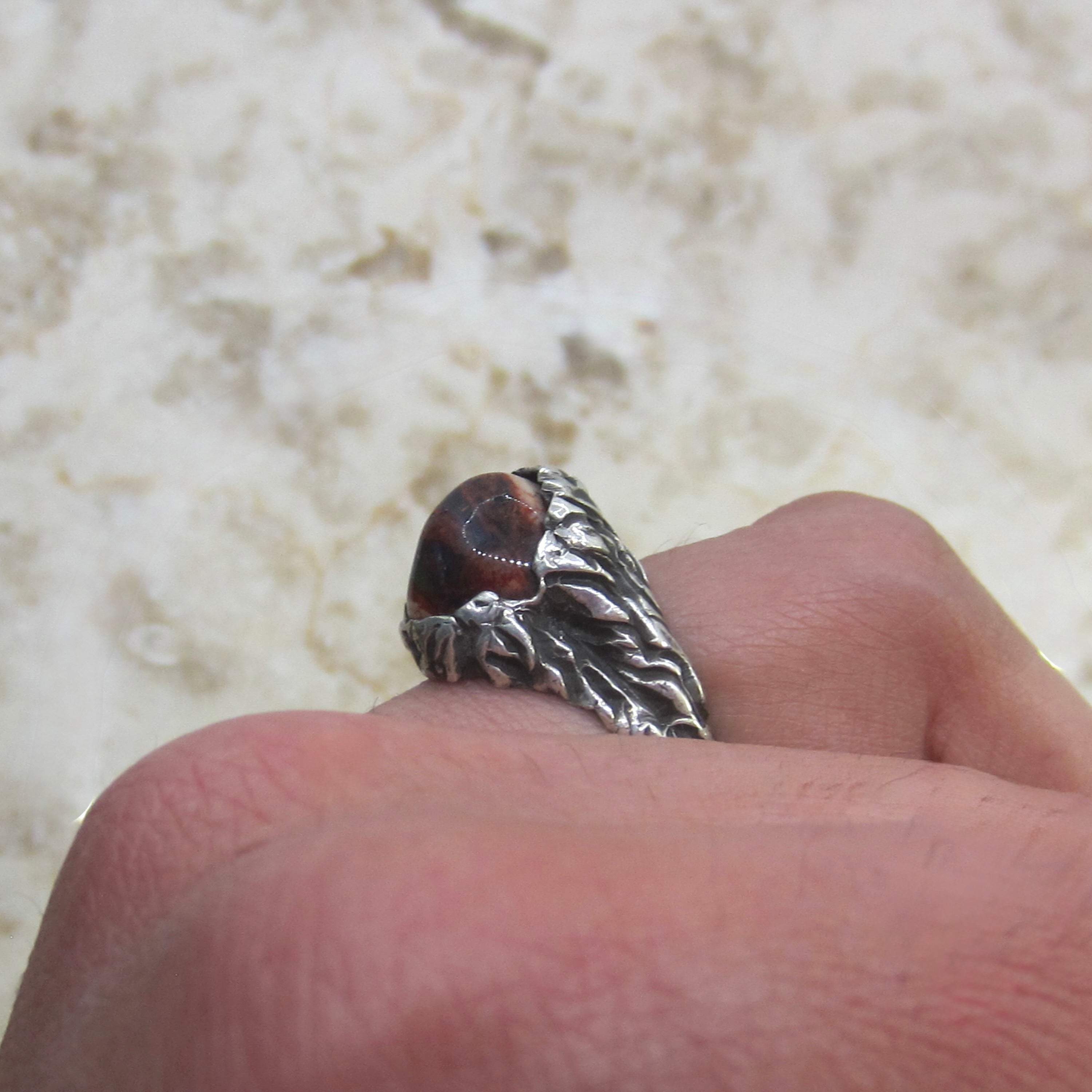 Vintage Sterling Silver Brutalist Mexican Fire Opal Ring c.1970s