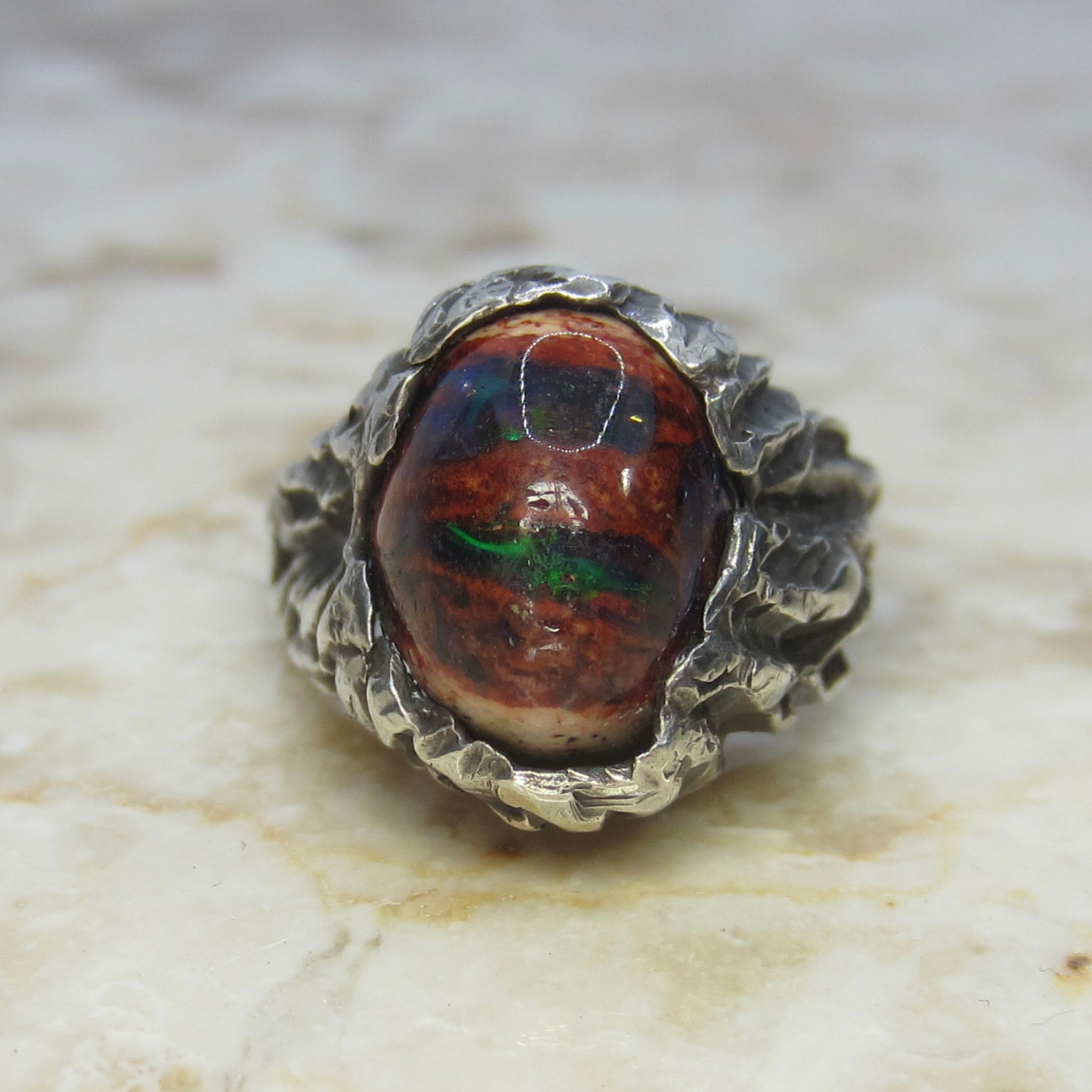 Vintage Sterling Silver Brutalist Mexican Fire Opal Ring c.1970s