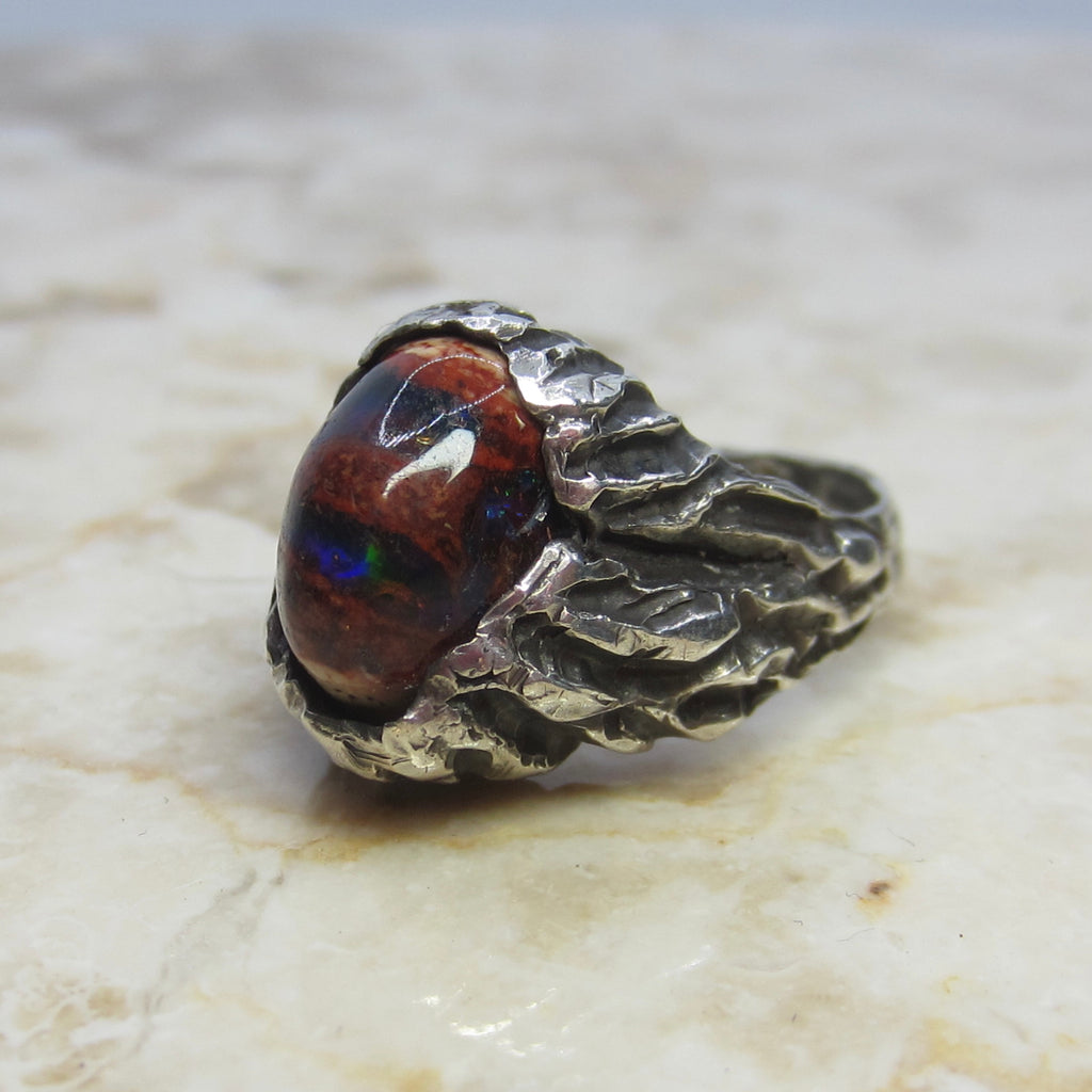 Vintage Sterling Silver Brutalist Mexican Fire Opal Ring c.1970s