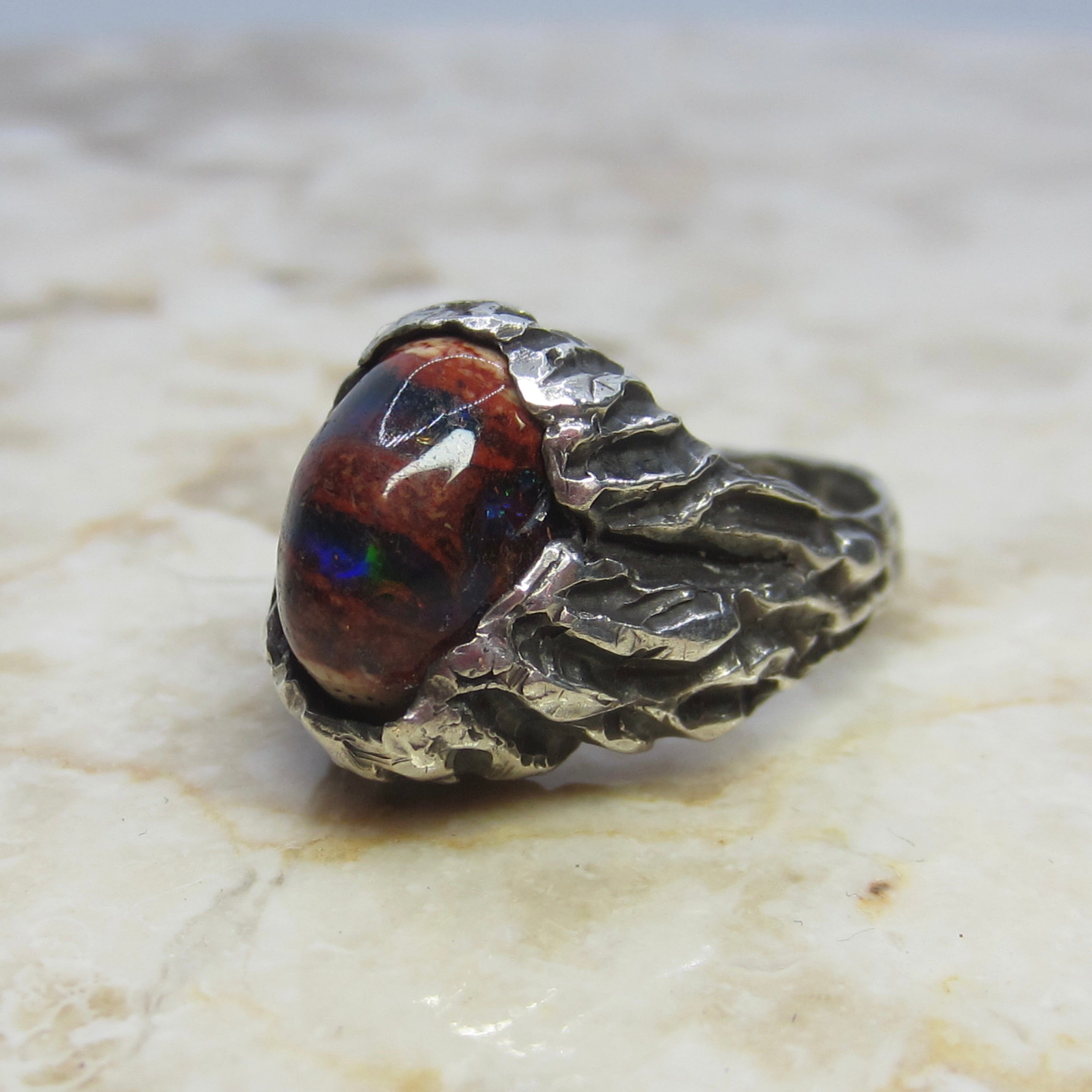 Vintage Sterling Silver Brutalist Mexican Fire Opal Ring c.1970s