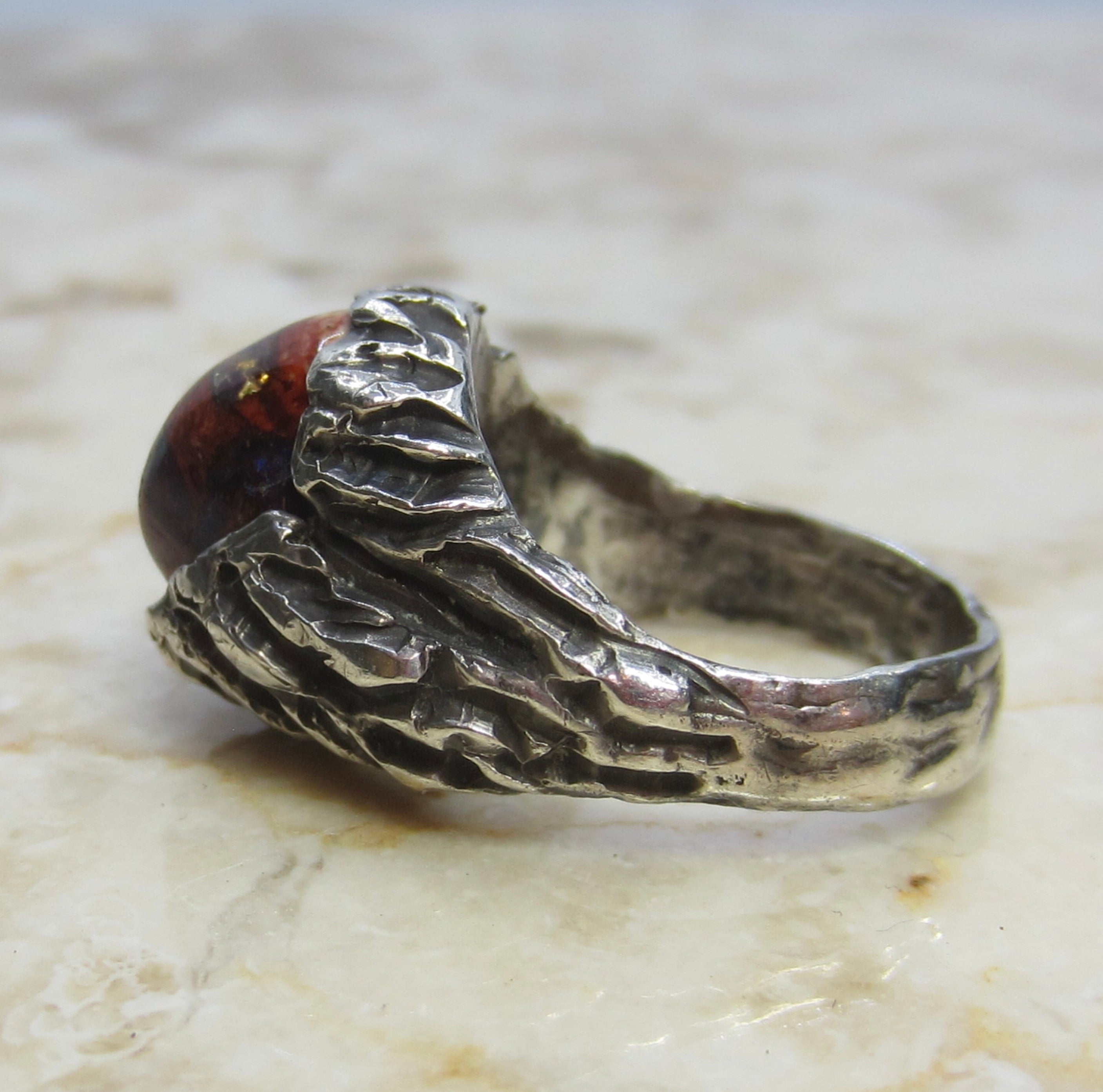 Vintage Sterling Silver Brutalist Mexican Fire Opal Ring c.1970s