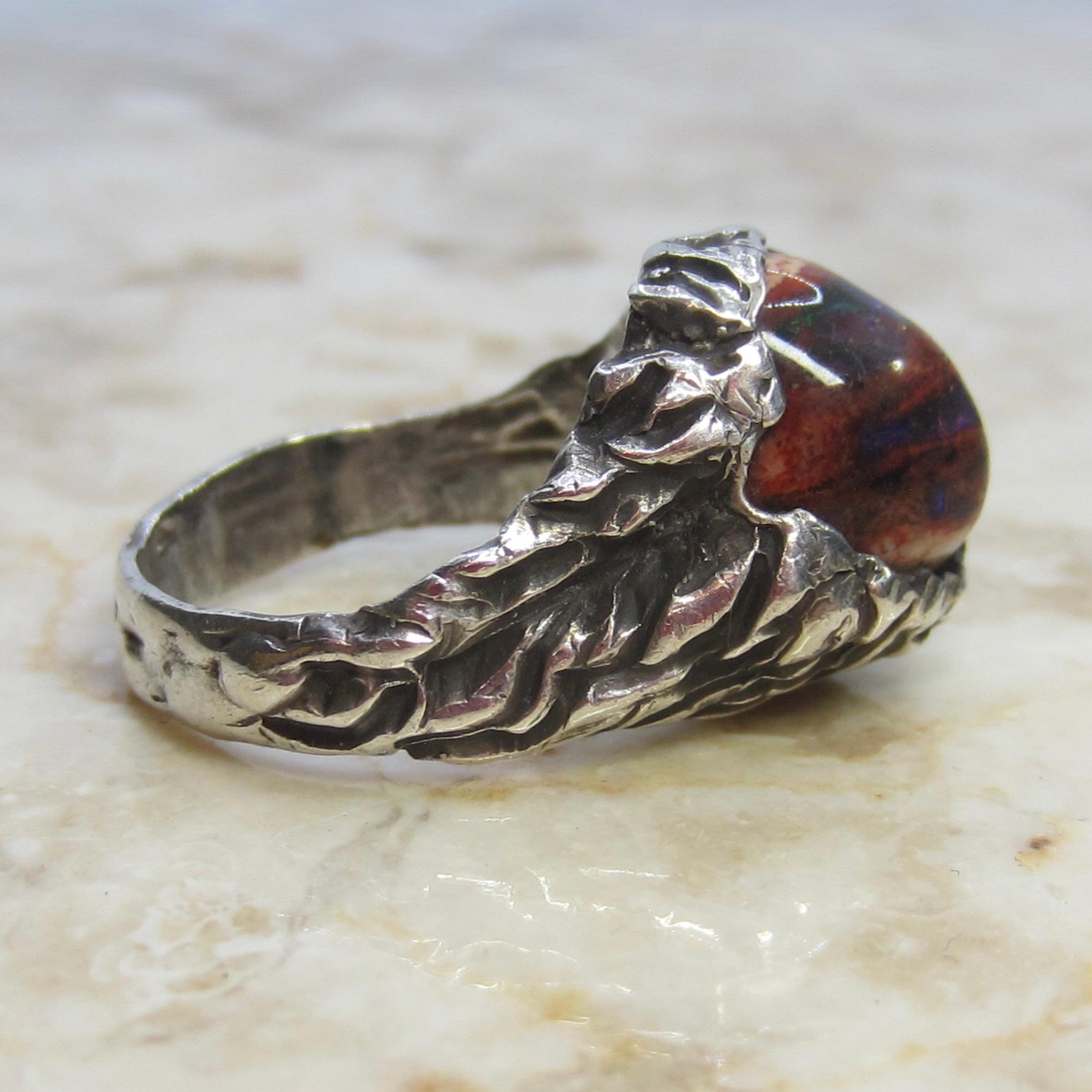 Vintage Sterling Silver Brutalist Mexican Fire Opal Ring c.1970s