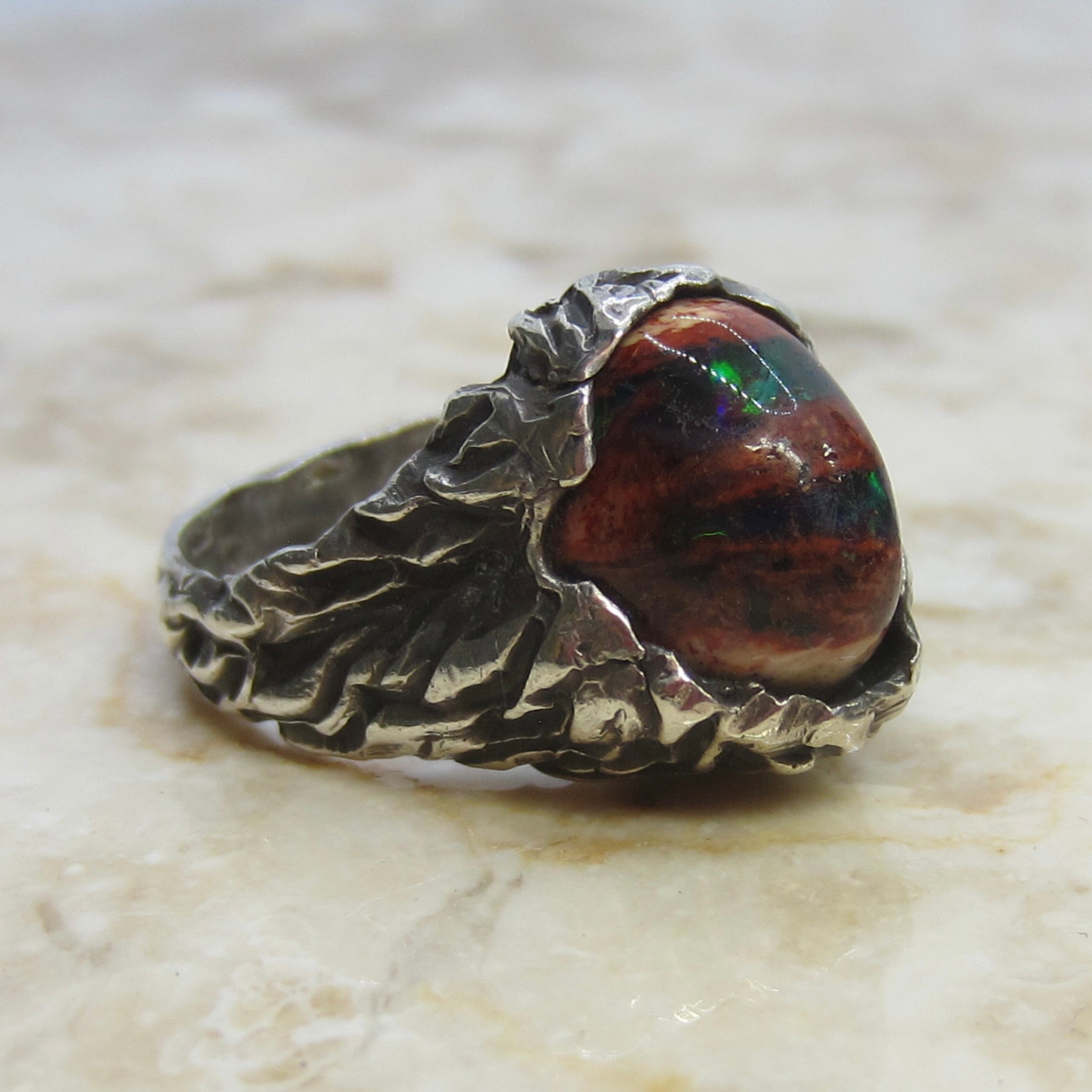 Vintage Sterling Silver Brutalist Mexican Fire Opal Ring c.1970s