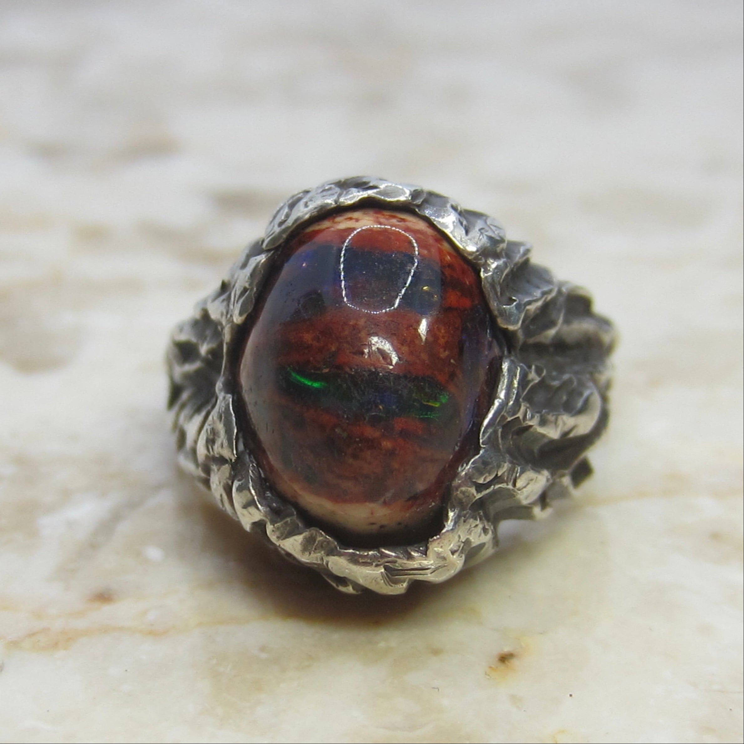 Vintage Sterling Silver Brutalist Mexican Fire Opal Ring c.1970s