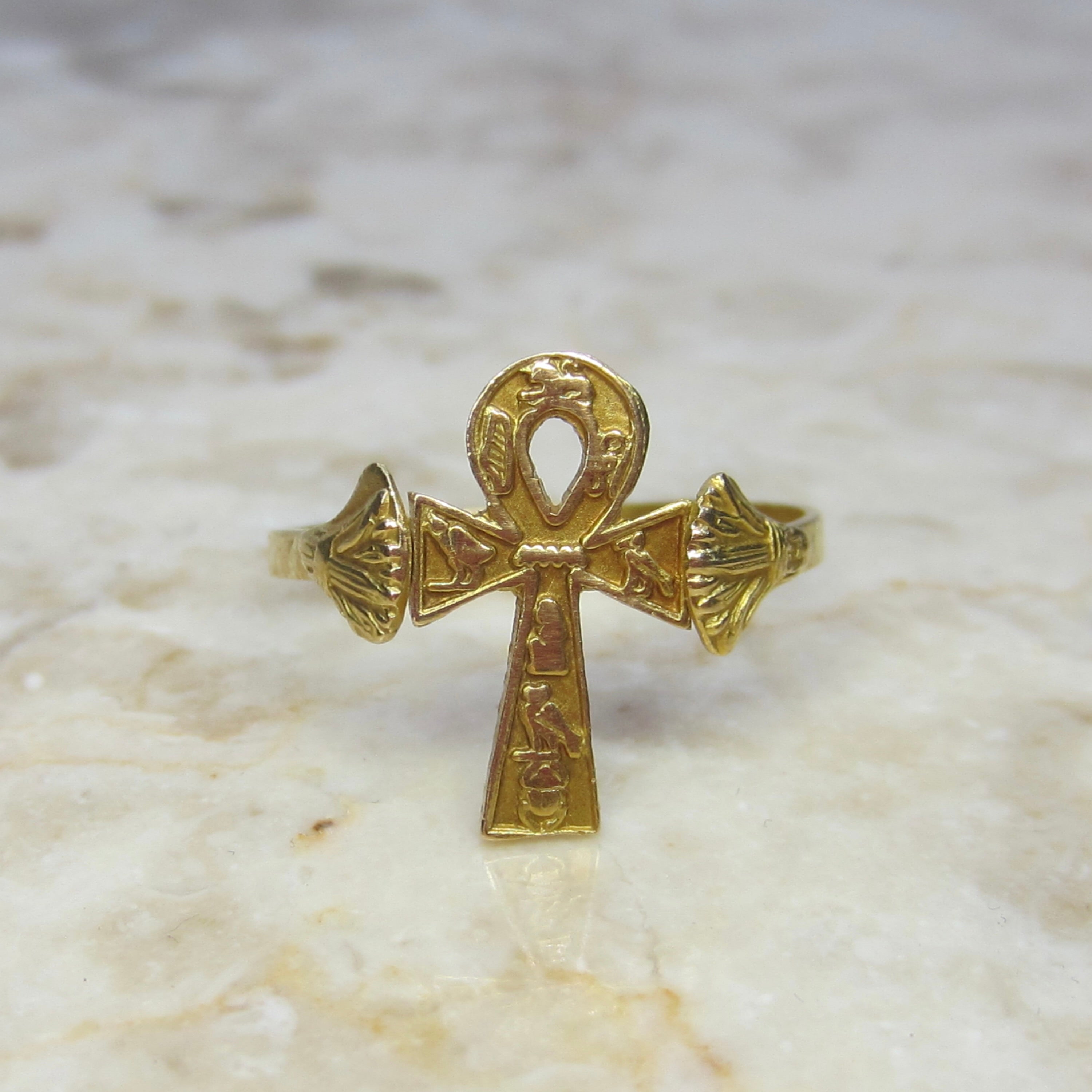 Modern Egyptian 18k Gold Ankh Ring with Hieroglyphs