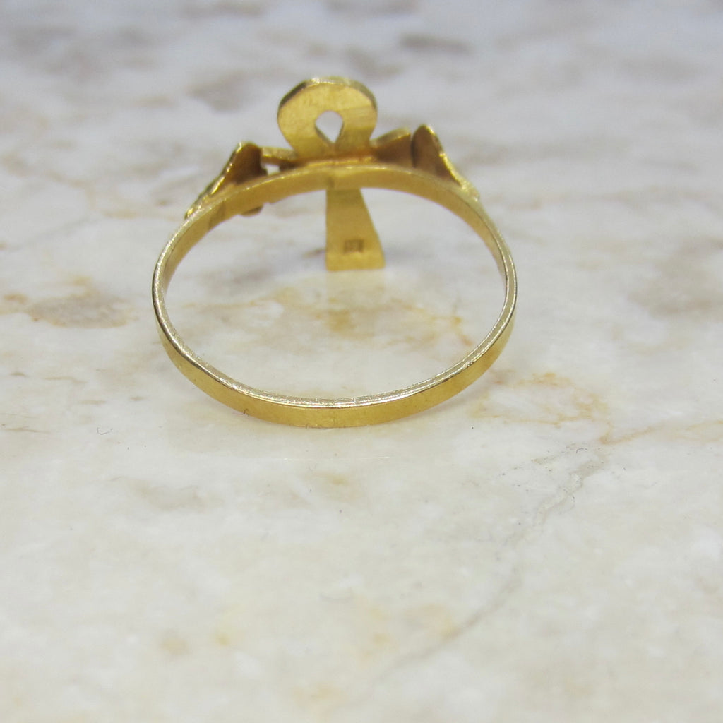 Modern Egyptian 18k Gold Ankh Ring with Hieroglyphs
