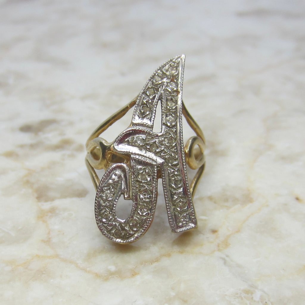 Vintage 14k Gold A Initial Ring With Diamonds c.1960s