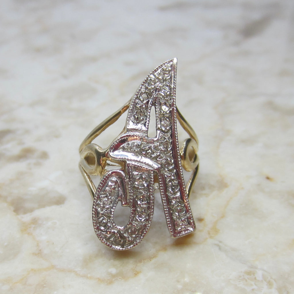 Vintage 14k Gold A Initial Ring With Diamonds c.1960s