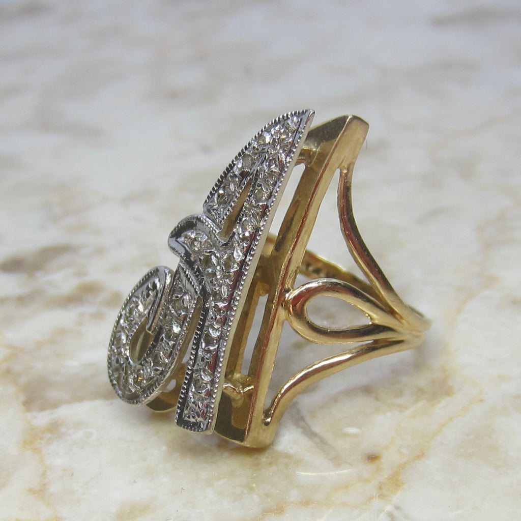 Vintage 14k Gold A Initial Ring With Diamonds c.1960s
