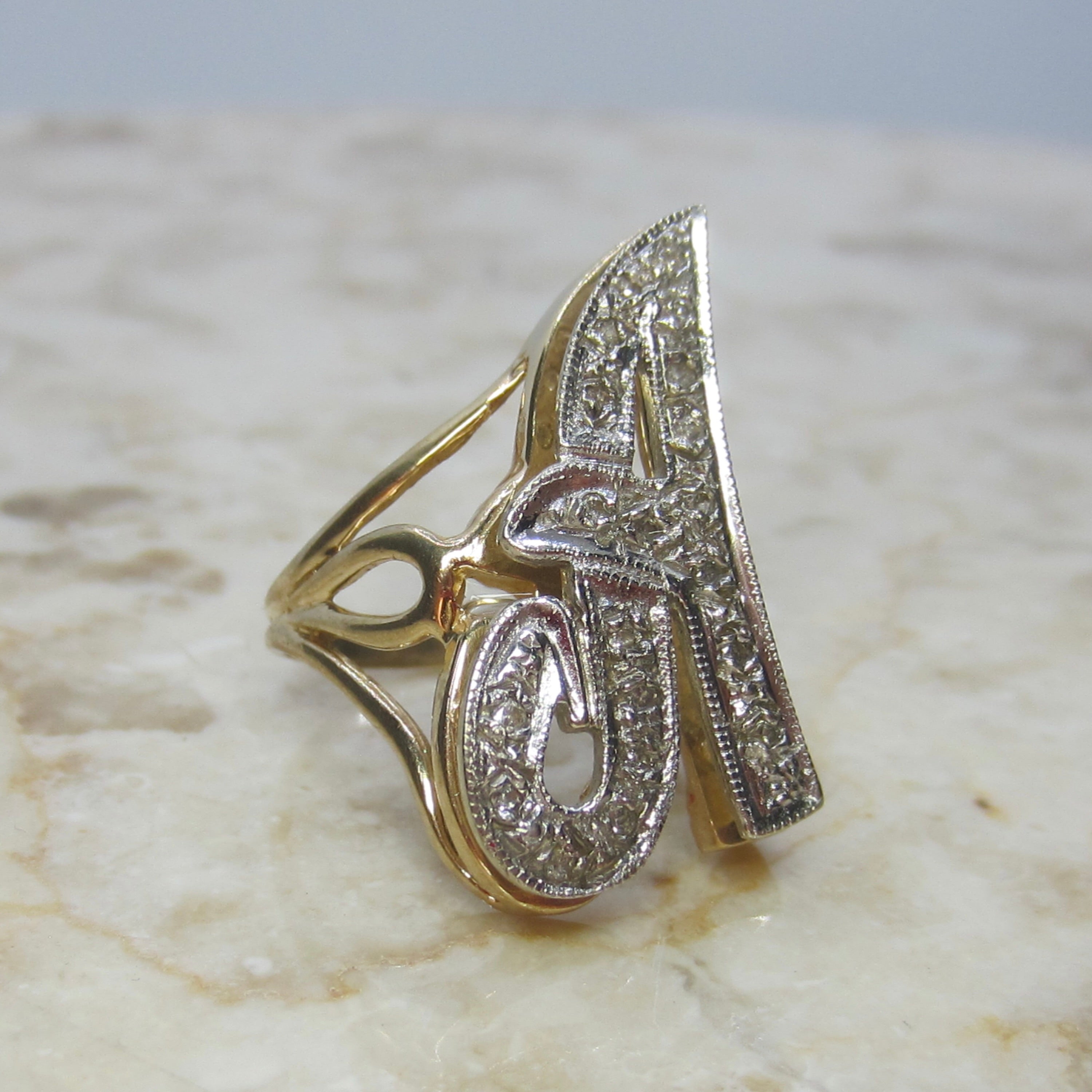 Vintage 14k Gold A Initial Ring With Diamonds c.1960s