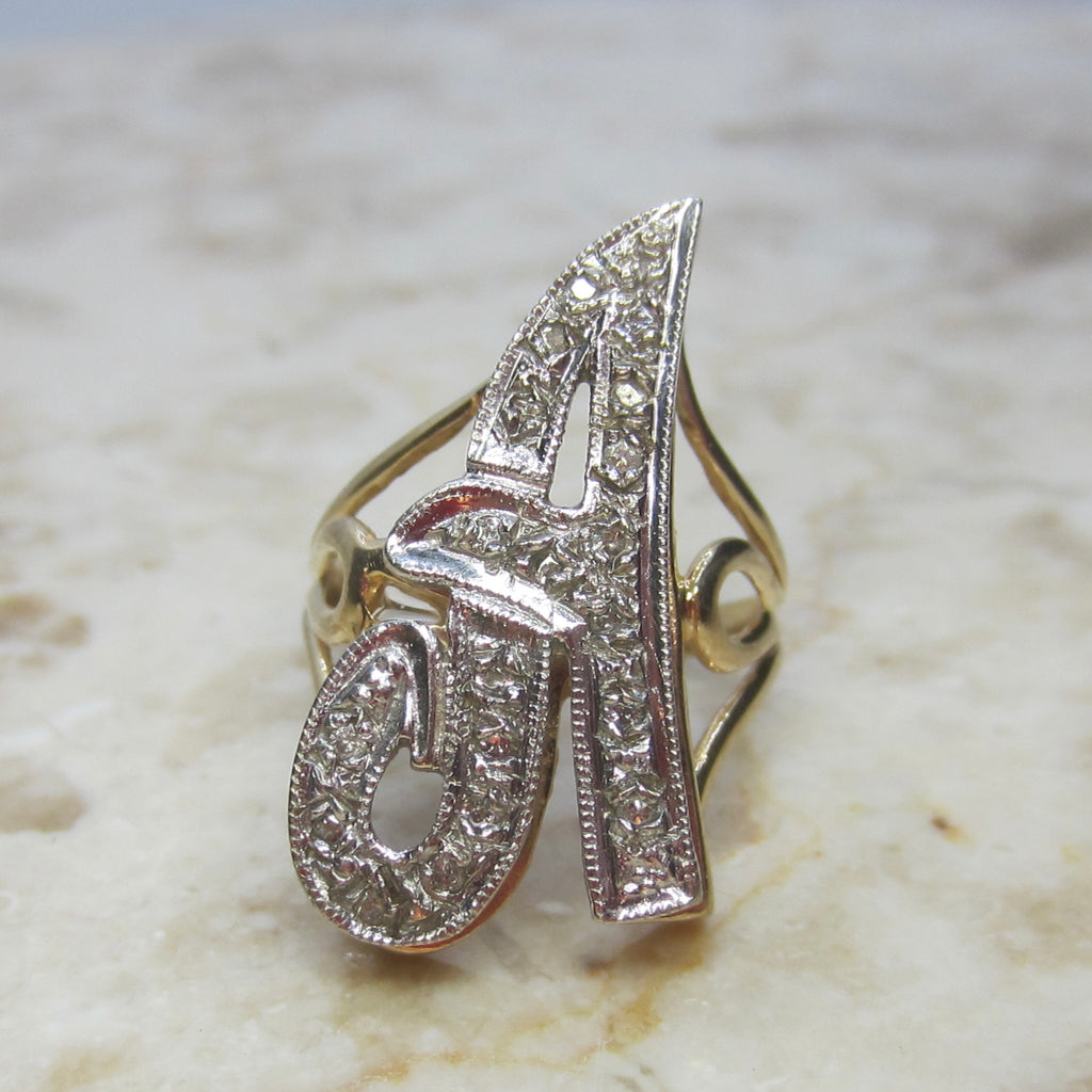Vintage 14k Gold A Initial Ring With Diamonds c.1960s