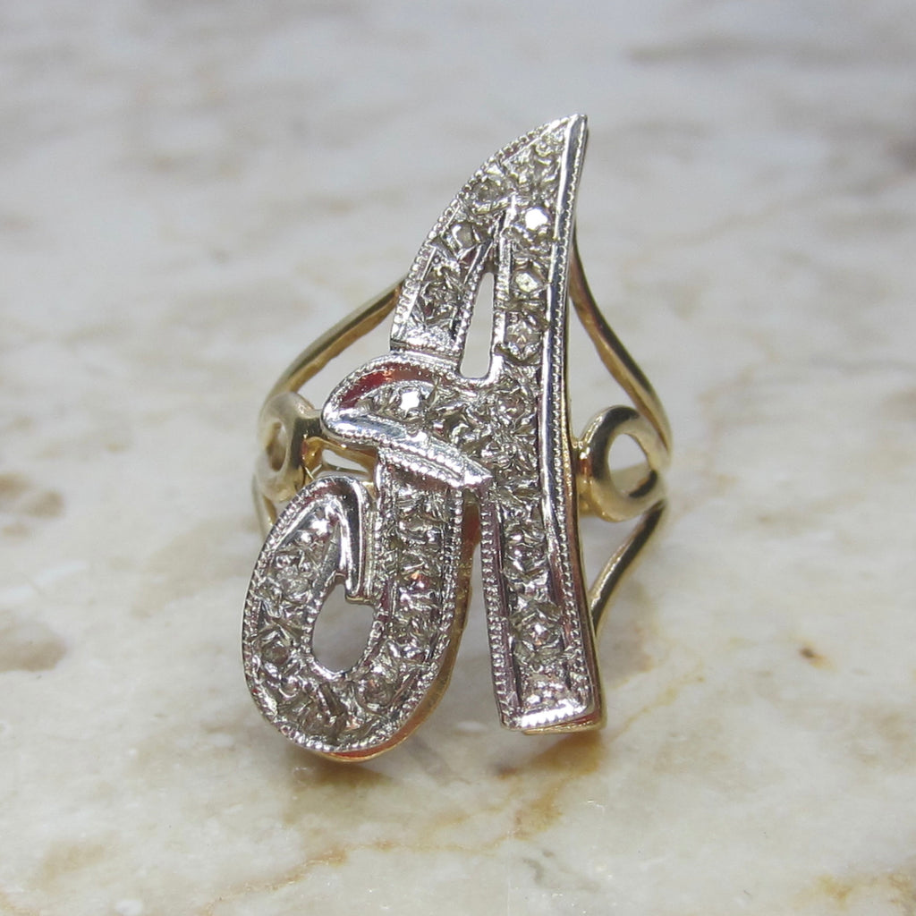Vintage 14k Gold A Initial Ring With Diamonds c.1960s