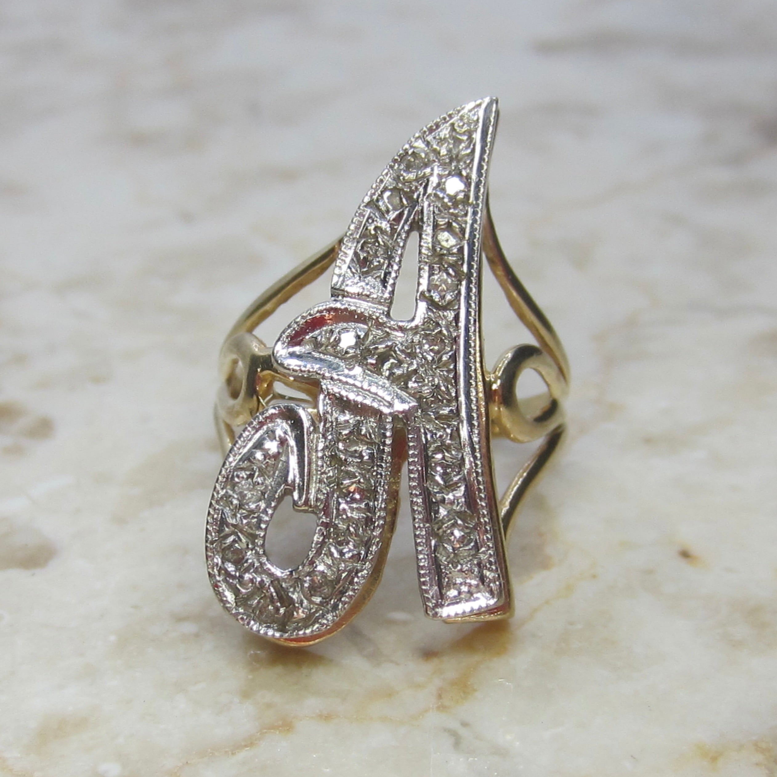 Vintage 14k Gold A Initial Ring With Diamonds c.1960s