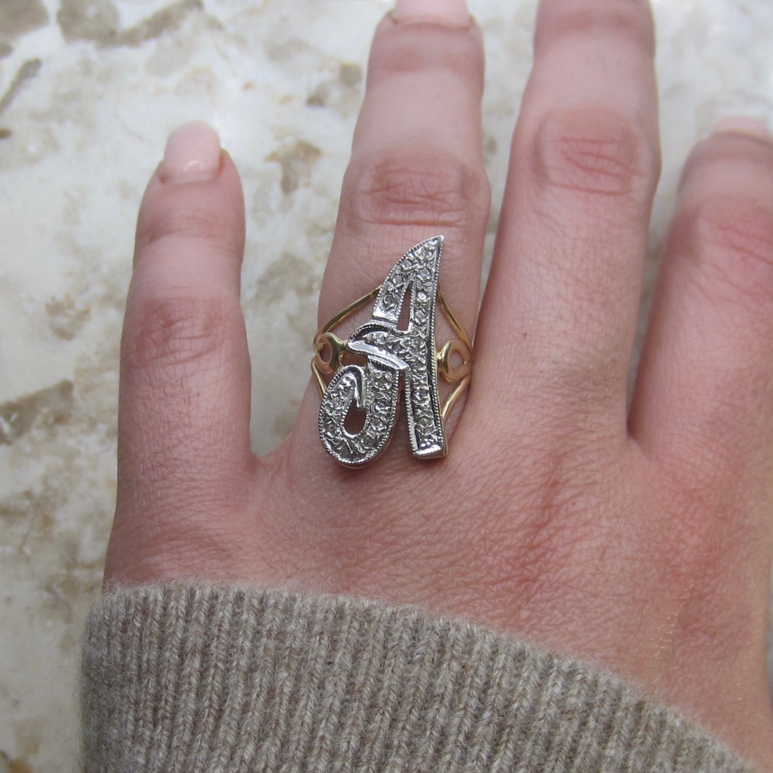 Vintage 14k Gold A Initial Ring With Diamonds c.1960s