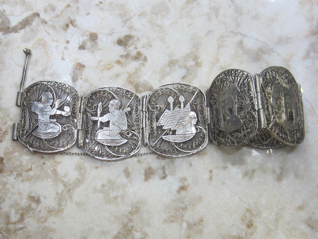 Vintage Egyptian Revival Silver Filigree Panel Bracelet c.1970s