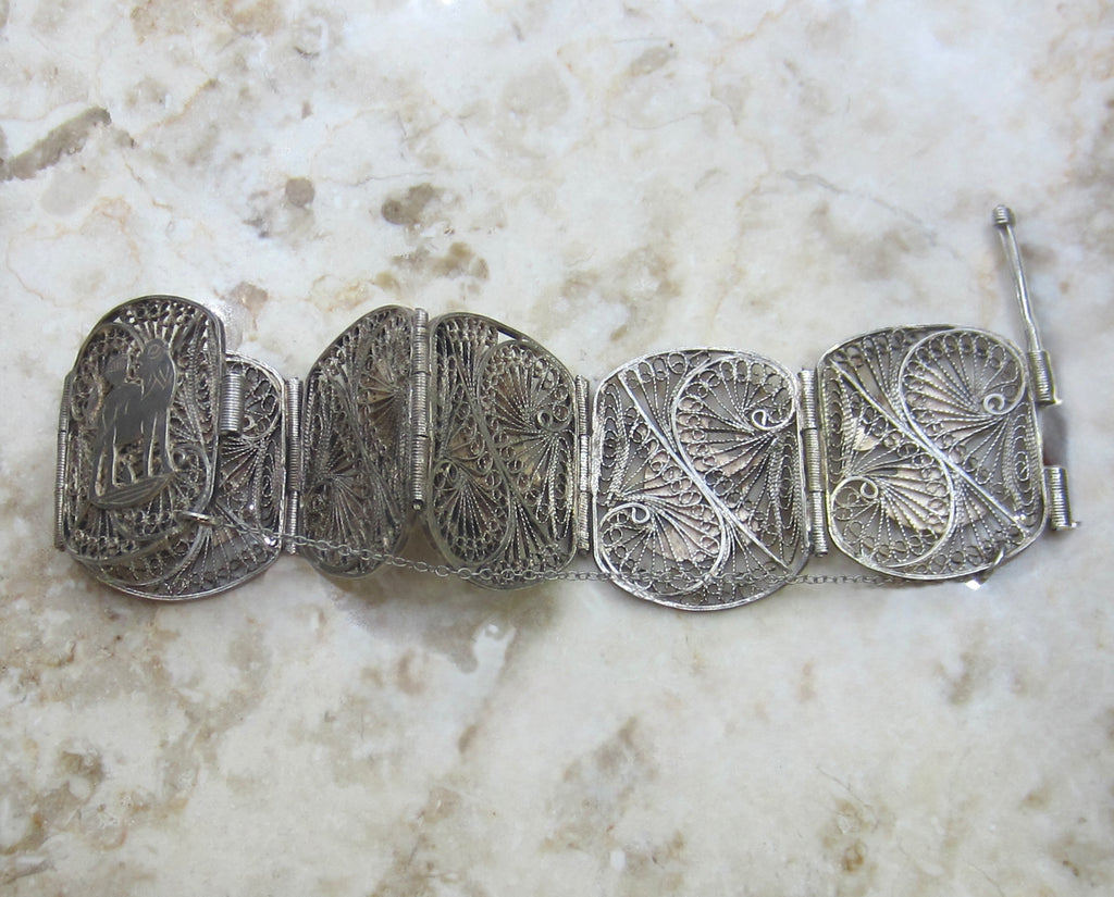 Vintage Egyptian Revival Silver Filigree Panel Bracelet c.1970s