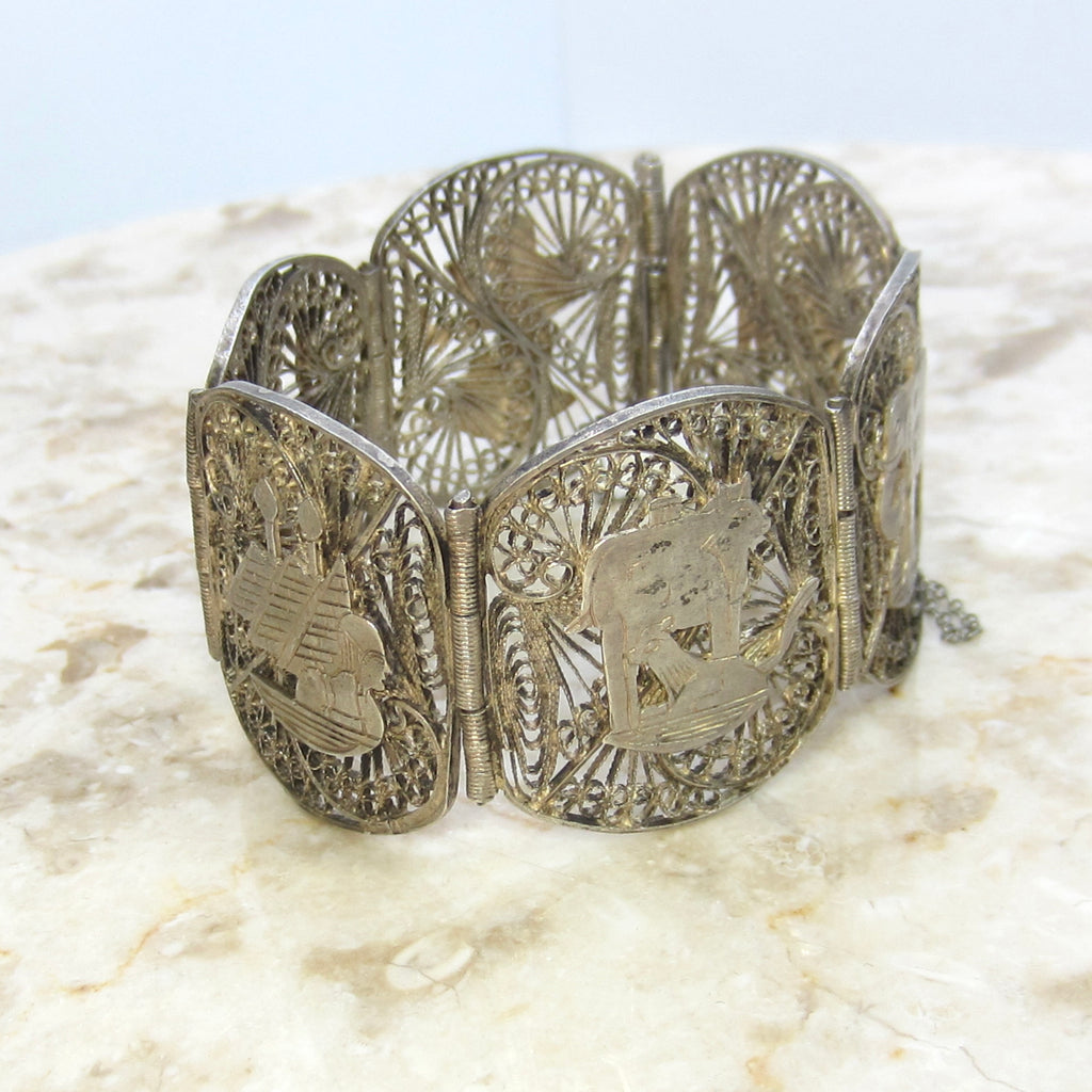 Vintage Egyptian Revival Silver Filigree Panel Bracelet c.1970s