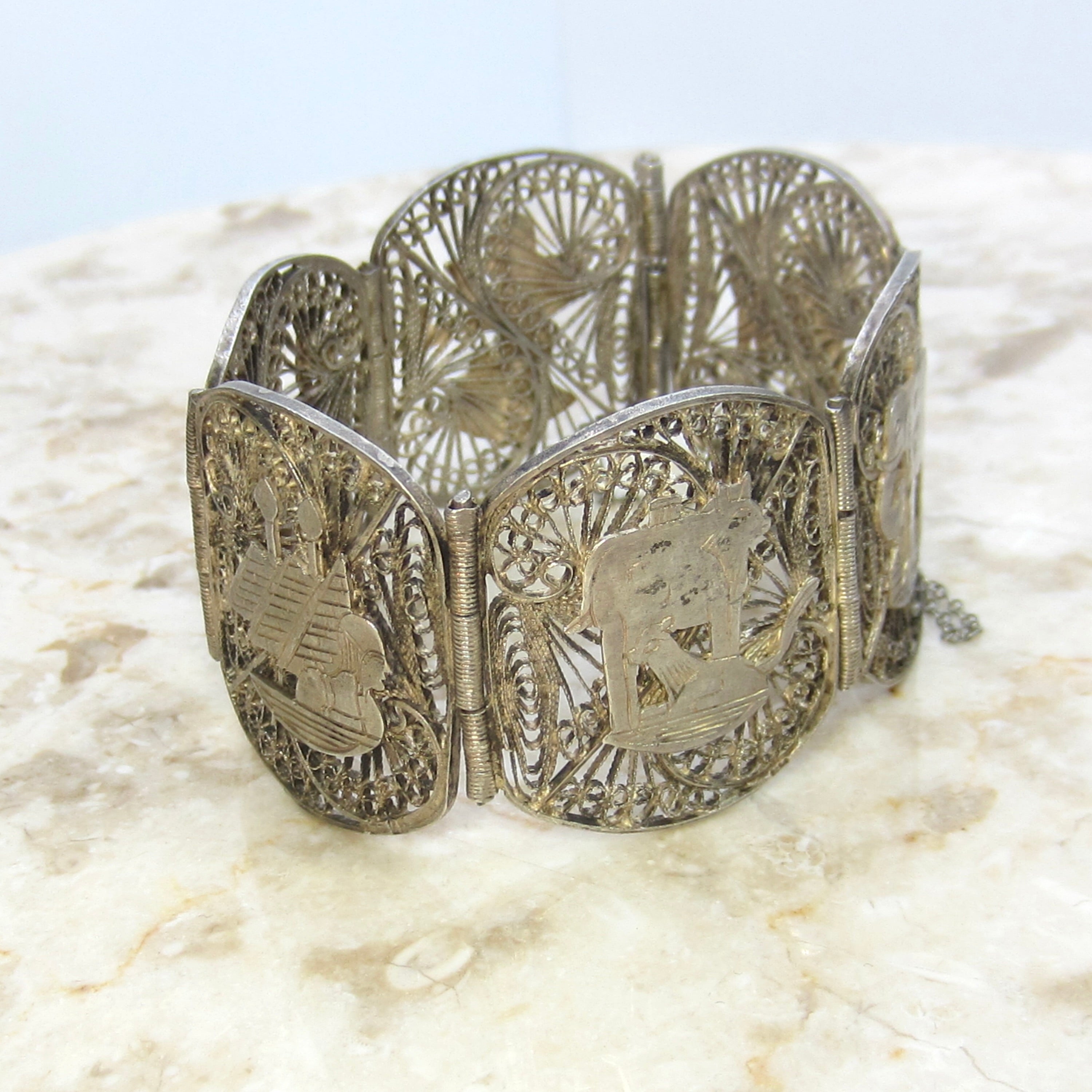Vintage Egyptian Revival Silver Filigree Panel Bracelet c.1970s