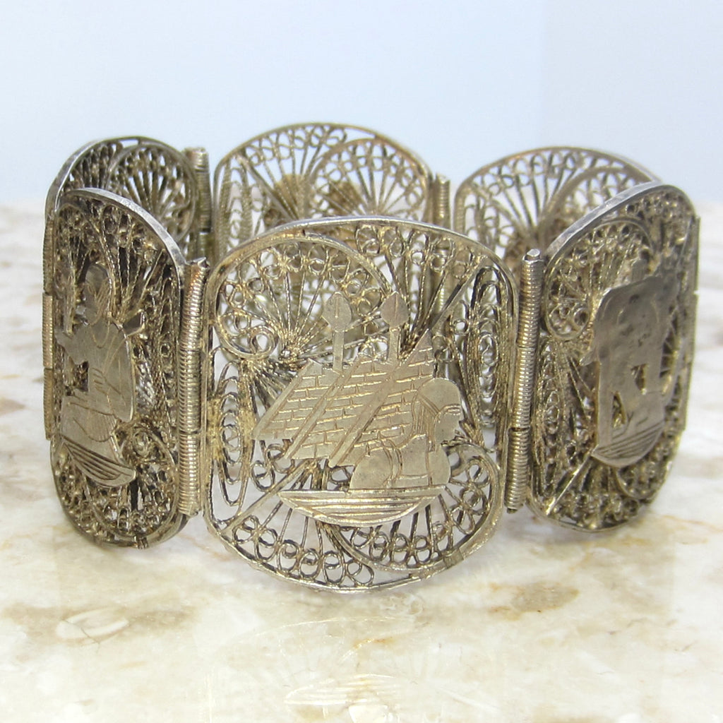 Vintage Egyptian Revival Silver Filigree Panel Bracelet c.1970s