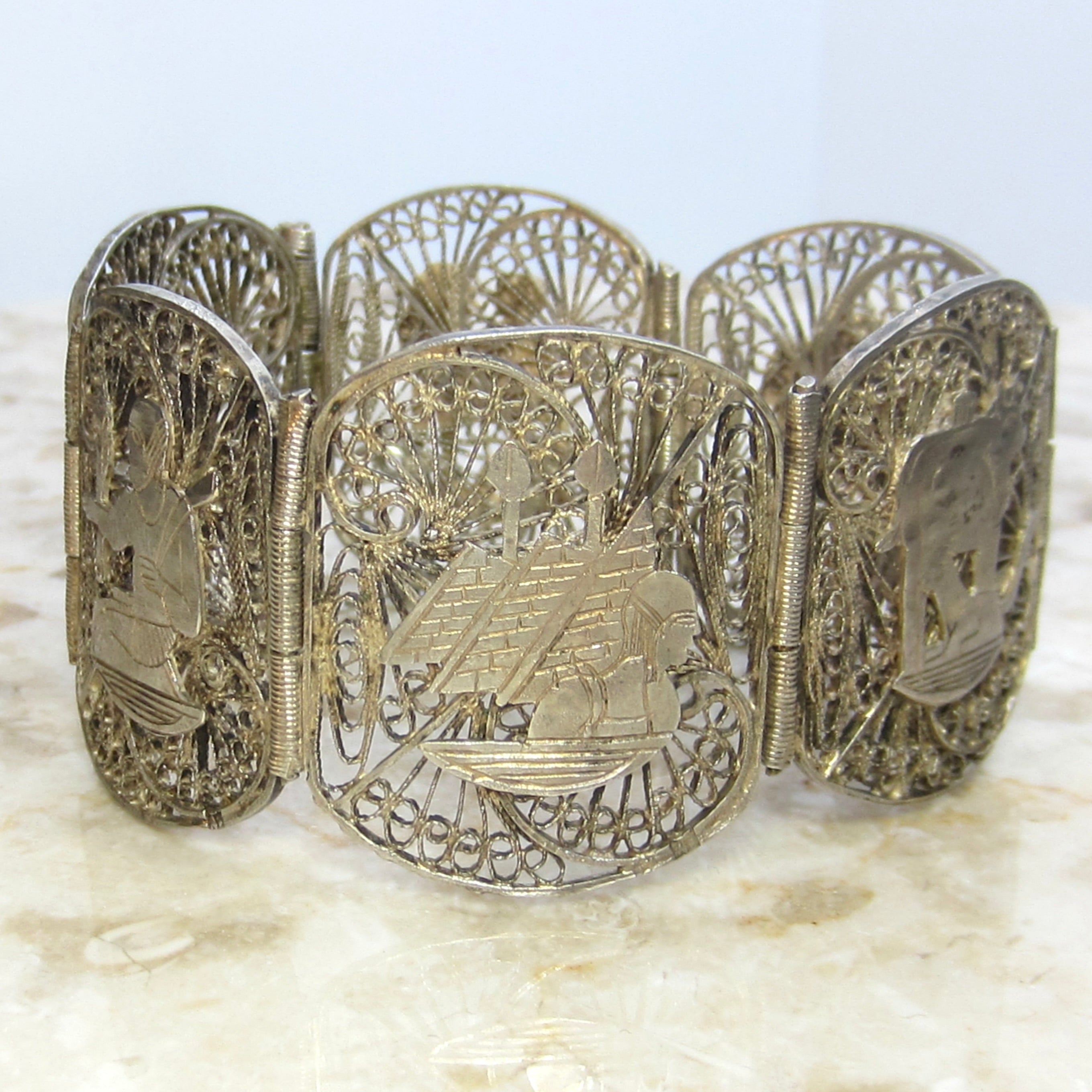 Vintage Egyptian Revival Silver Filigree Panel Bracelet c.1970s