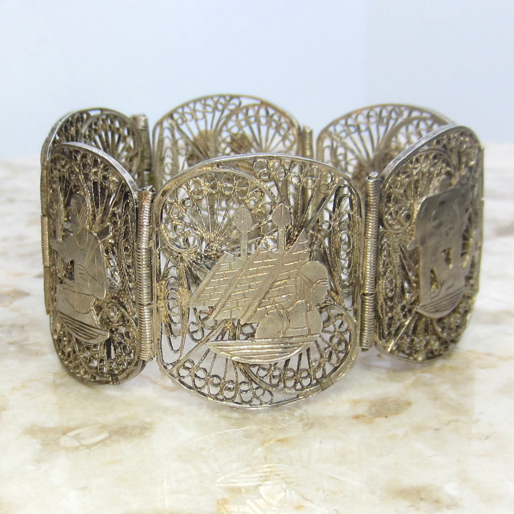 Vintage Egyptian Revival Silver Filigree Panel Bracelet c.1970s