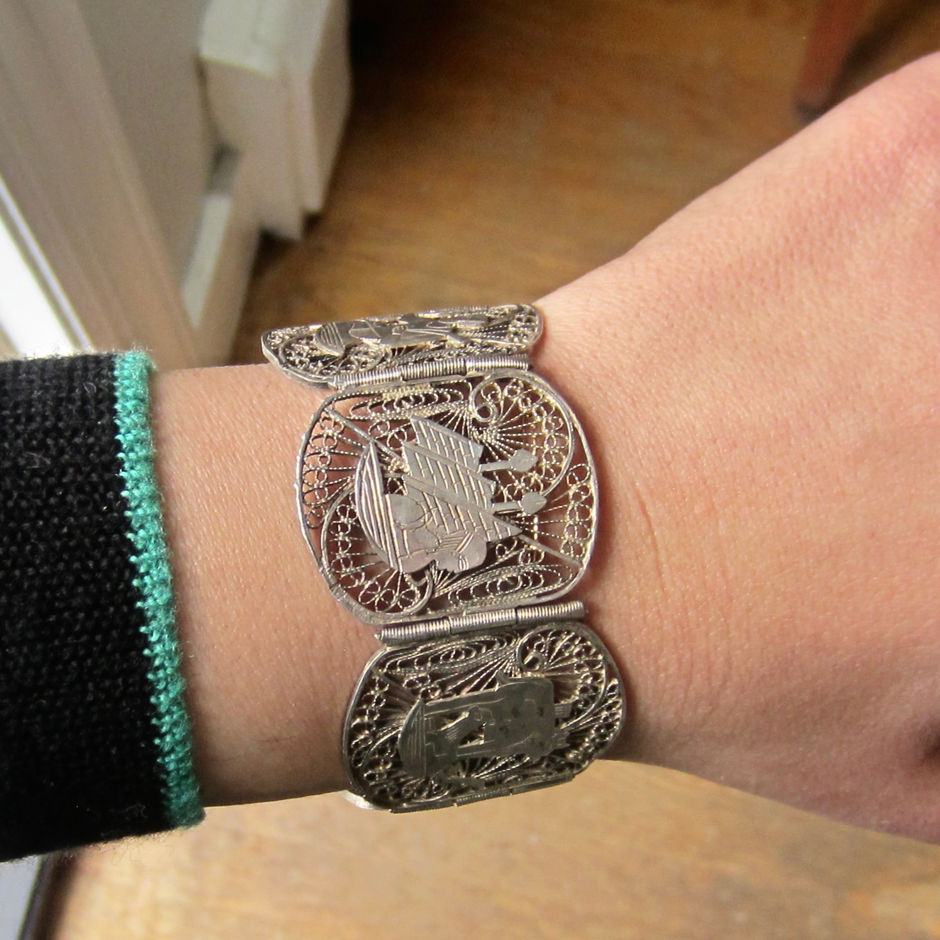 Vintage Egyptian Revival Silver Filigree Panel Bracelet c.1970s