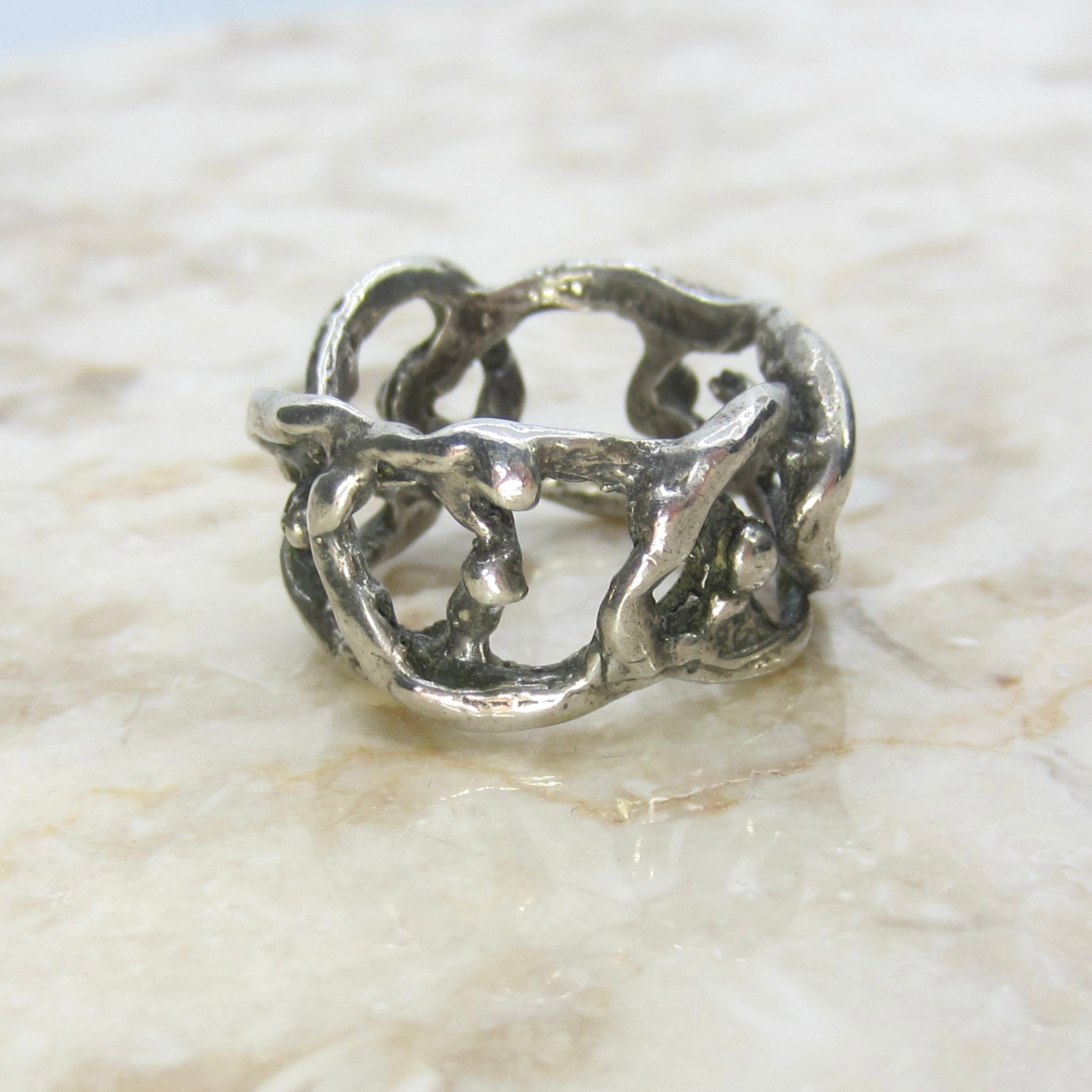 Vintage Brutalist Sterling Silver Openwork Wide Band Ring c.1970s