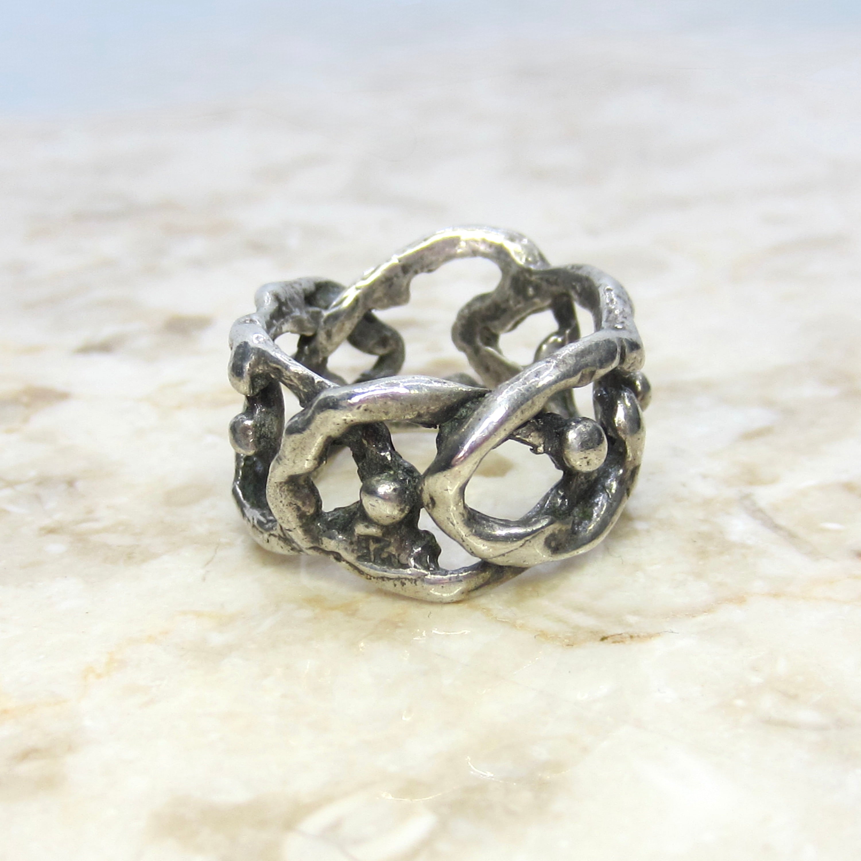 Vintage Brutalist Sterling Silver Openwork Wide Band Ring c.1970s