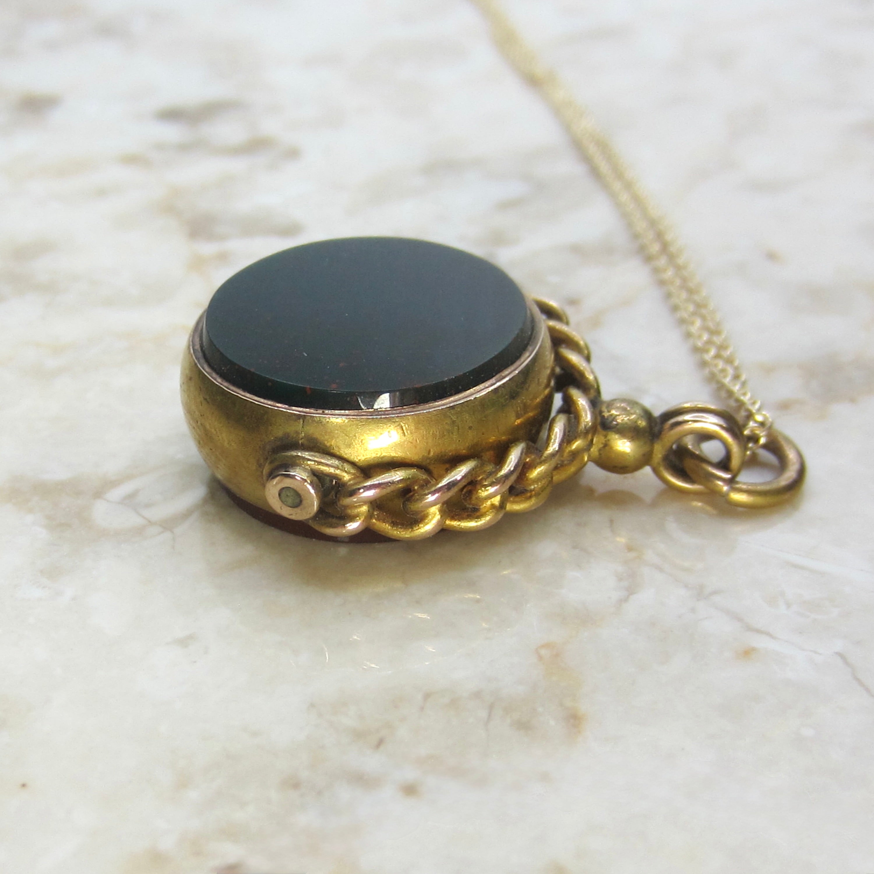 Antique Victorian 15k Gold Bloodstone and Carnelian Spinner Fob Pendant English Hallmarks 1890