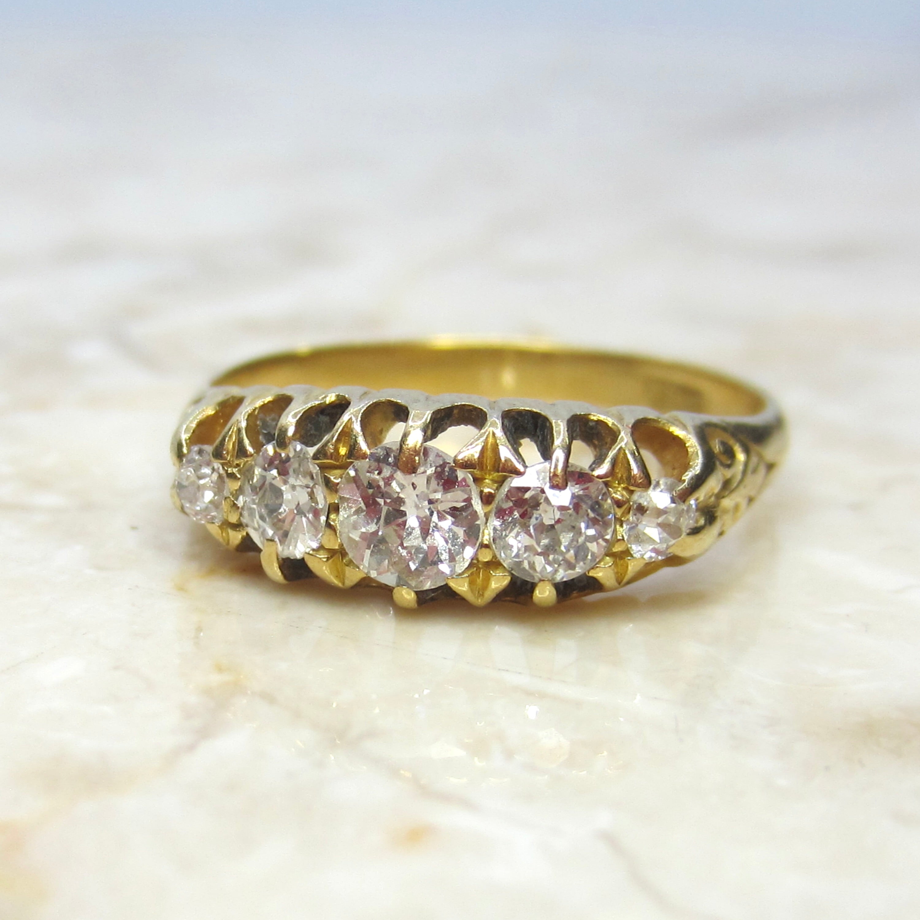 Antique 18k Gold Old European Cut Diamond Five Stone Band c.1900