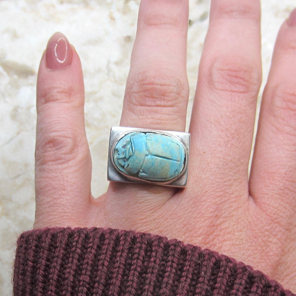 Vintage Sterling Silver Faience Scarab Ring c.1970s