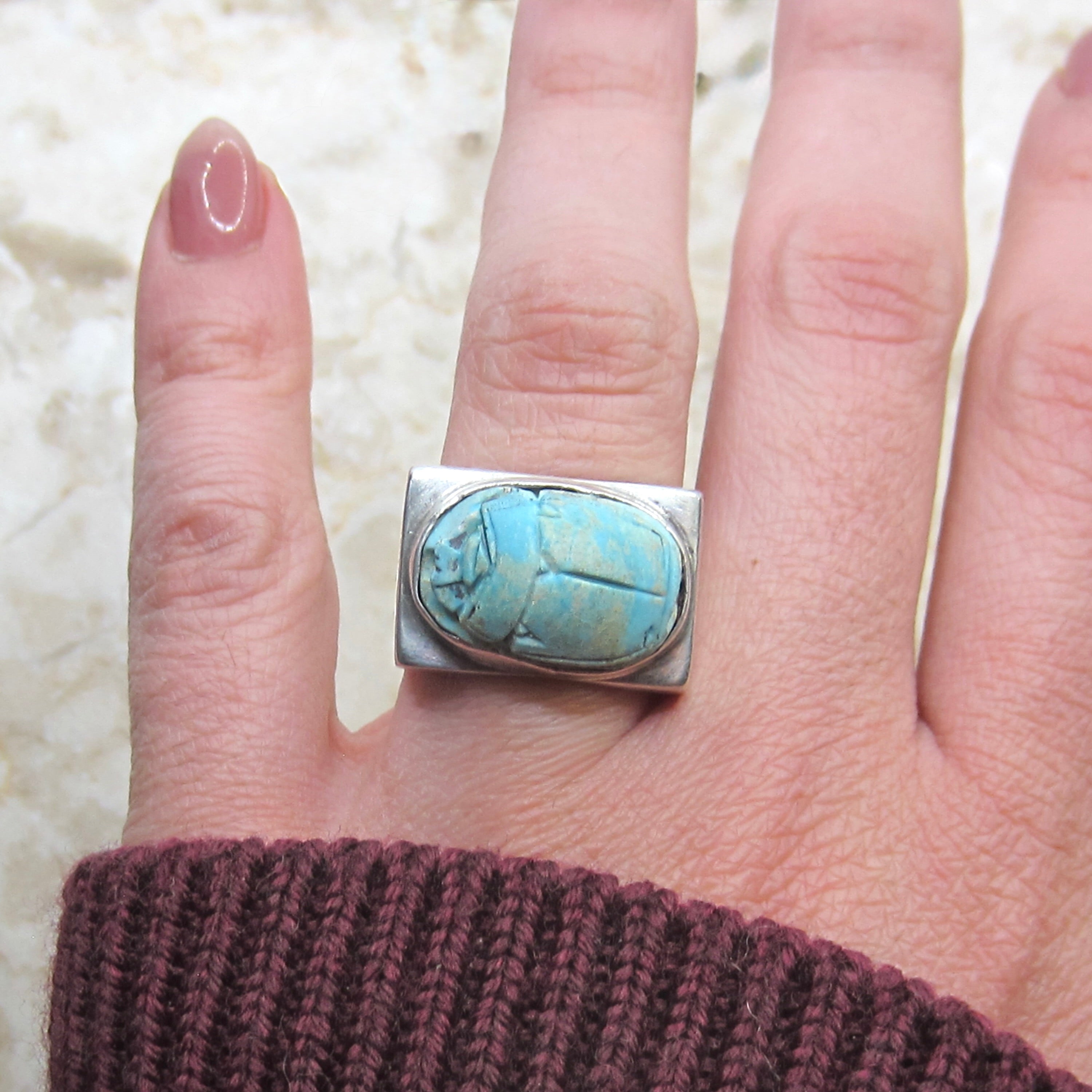Vintage Sterling Silver Faience Scarab Ring c.1970s