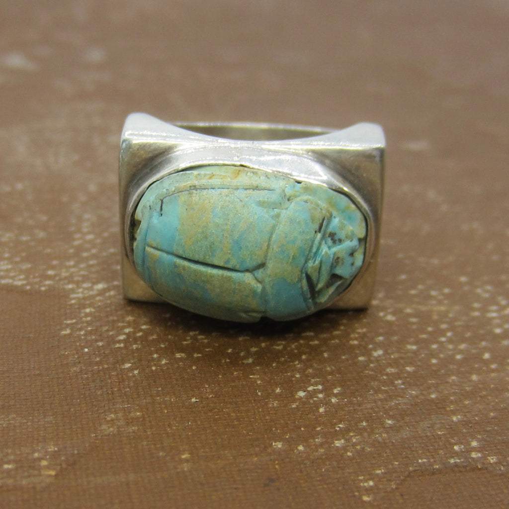 Vintage Sterling Silver Faience Scarab Ring c.1970s