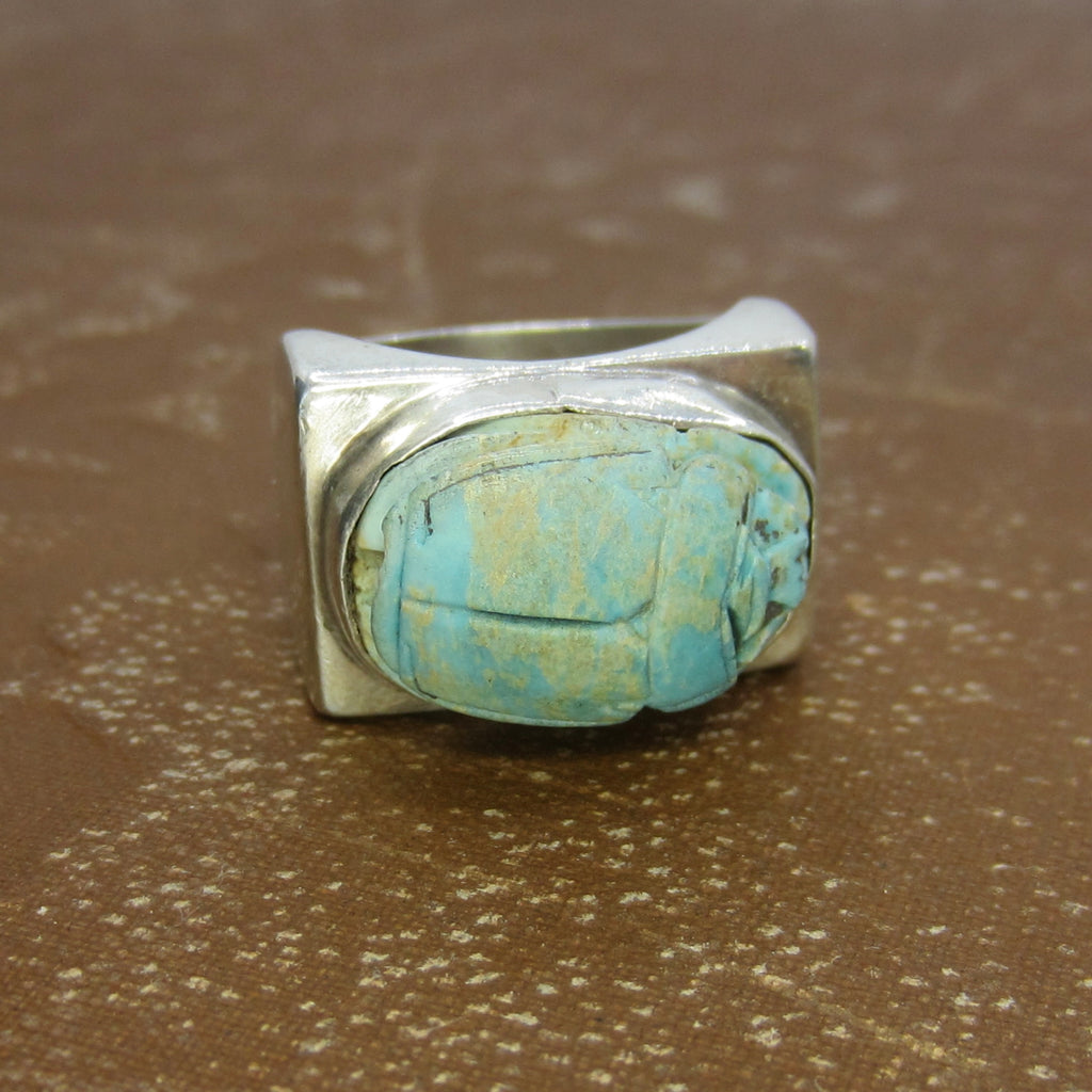 Vintage Sterling Silver Faience Scarab Ring c.1970s